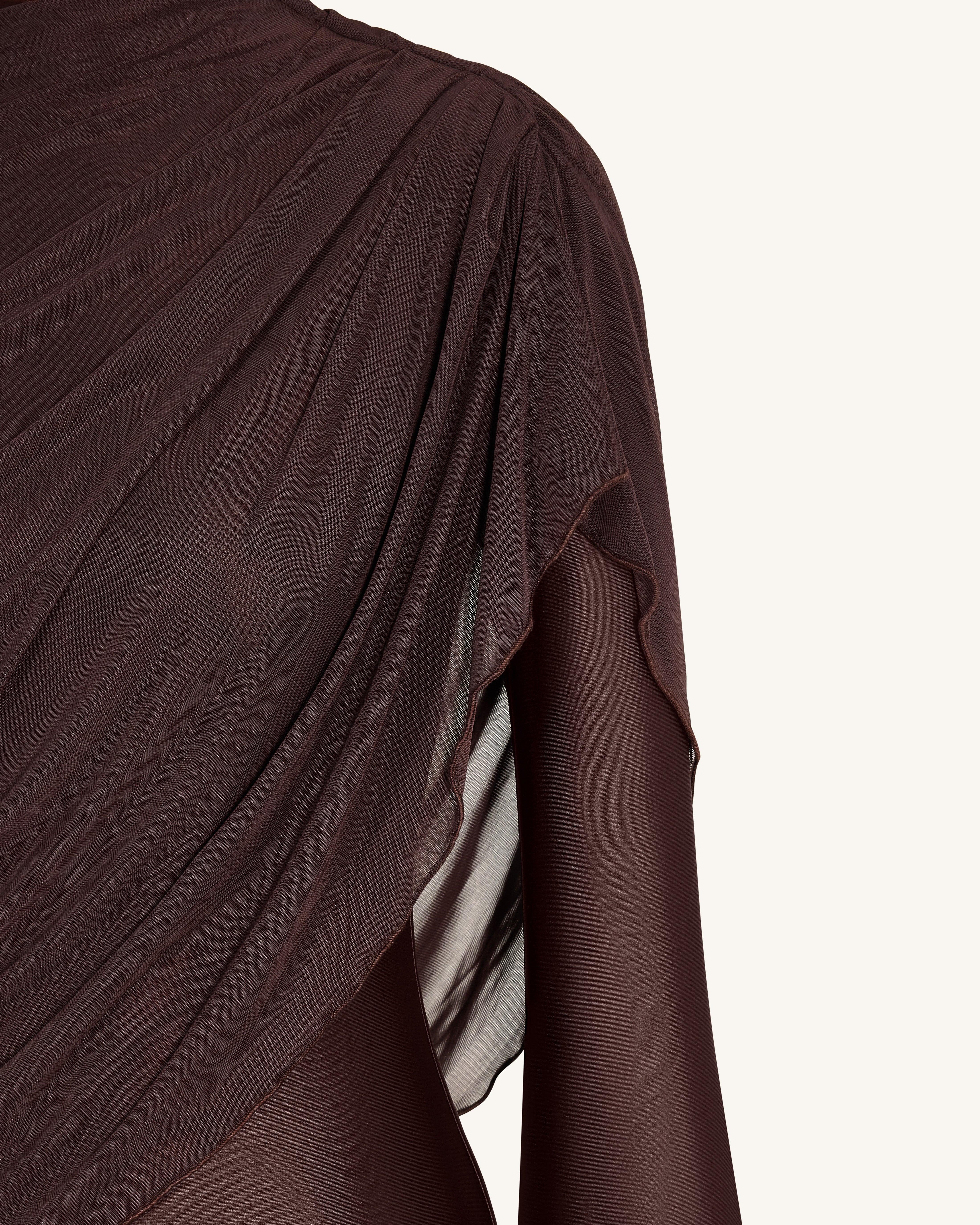 Sheer Shawl Ruched Bodycon Maxi Gown - Brown - FASHION NOB