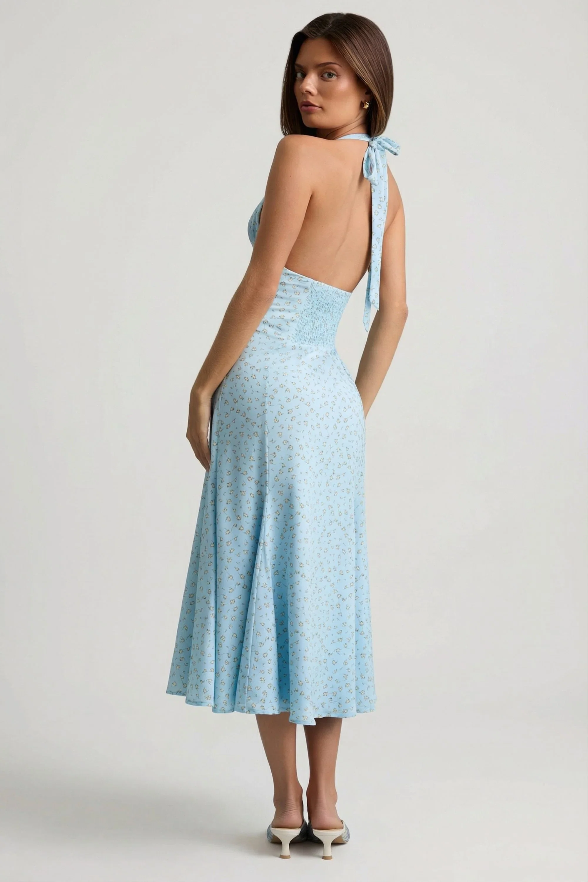 Halterneck Midaxi Dress in Blue Flower Print