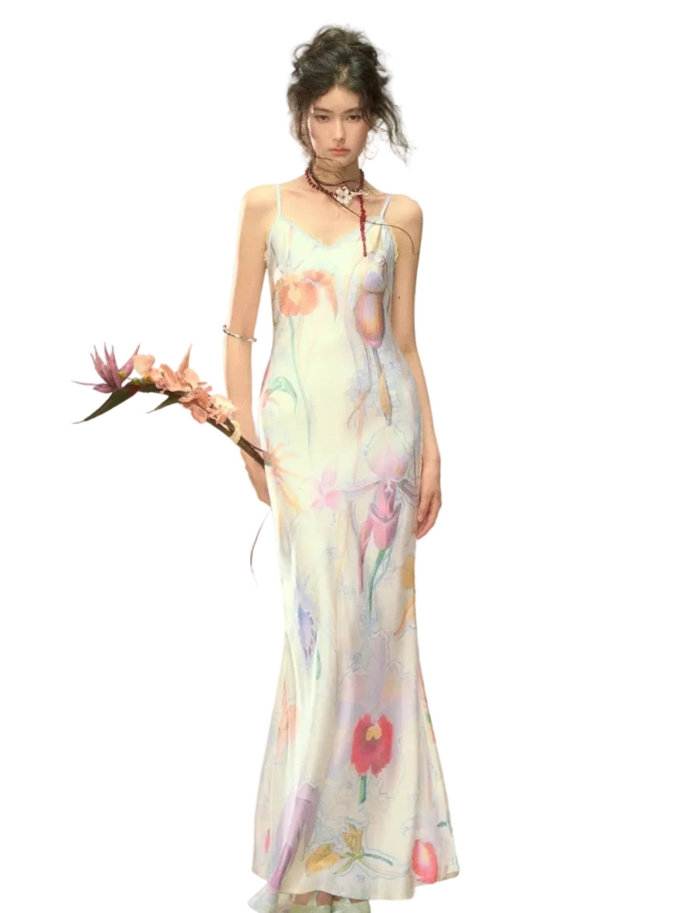 Botanical Print Bias-Cut Camisole Long Dress