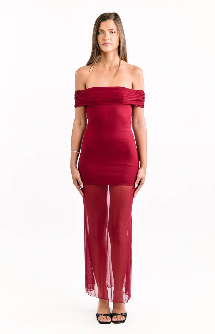 Tabitha Wine Off Shoulder Mesh Maxi Dress