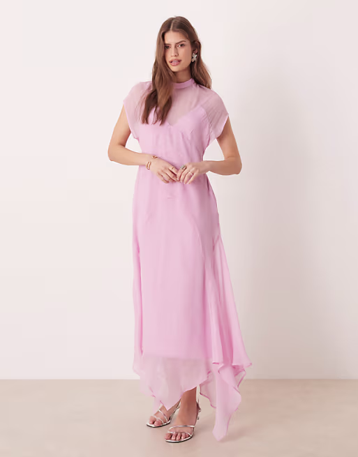 high neck hanky hem chiffon maxi dress in sugary pink