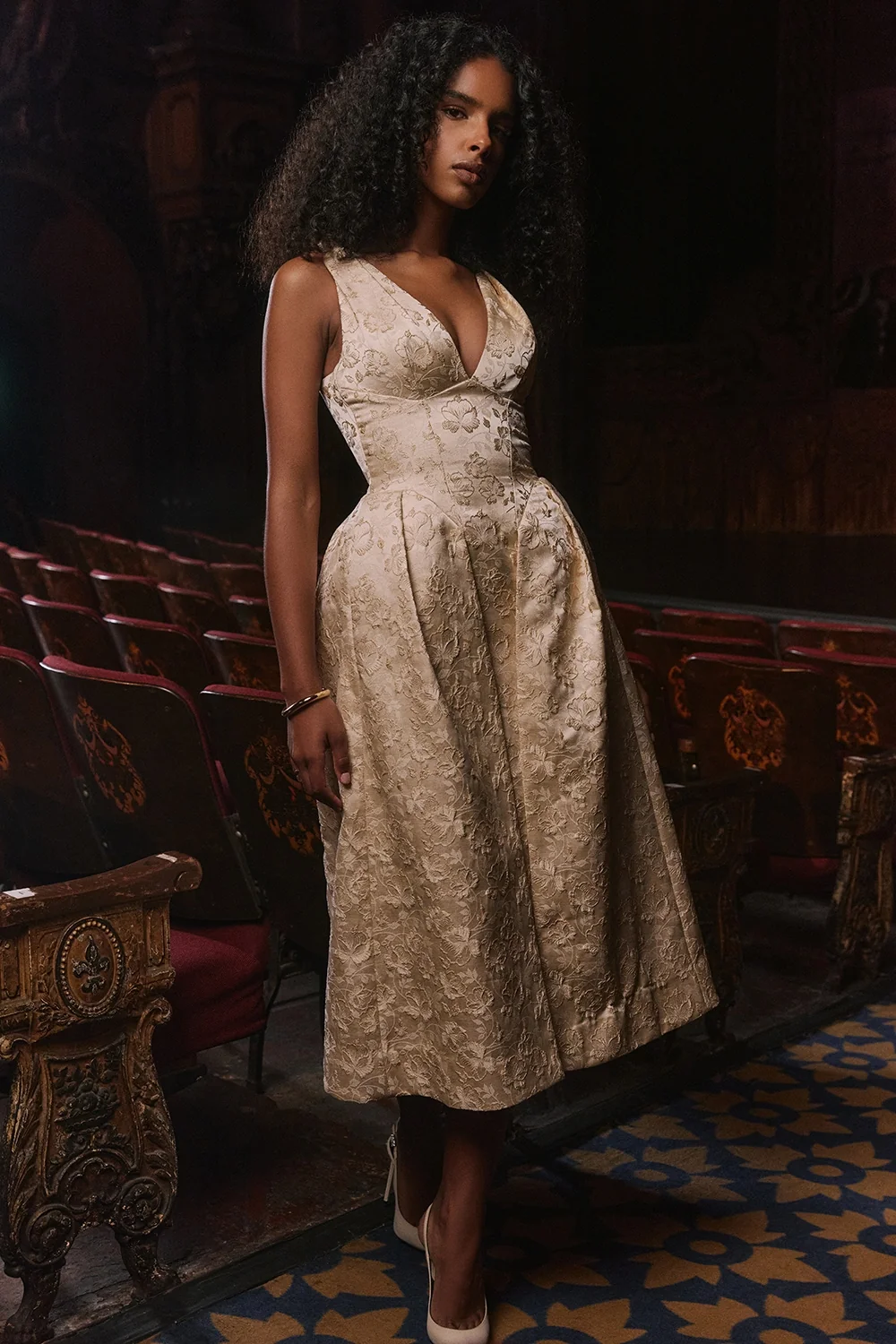 ivory metallic jacquard midi dress - sale