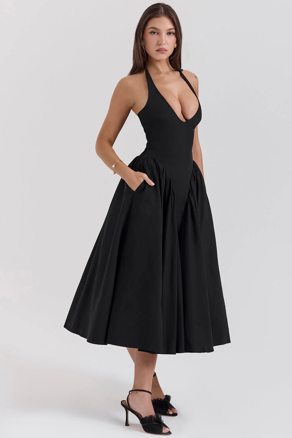 black twill halter midi dress