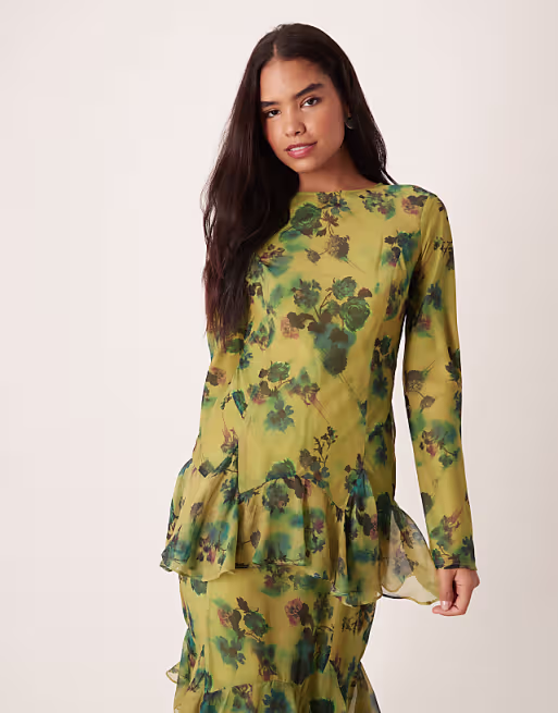 long sleeve ruffle chiffon maxi dress in green floral