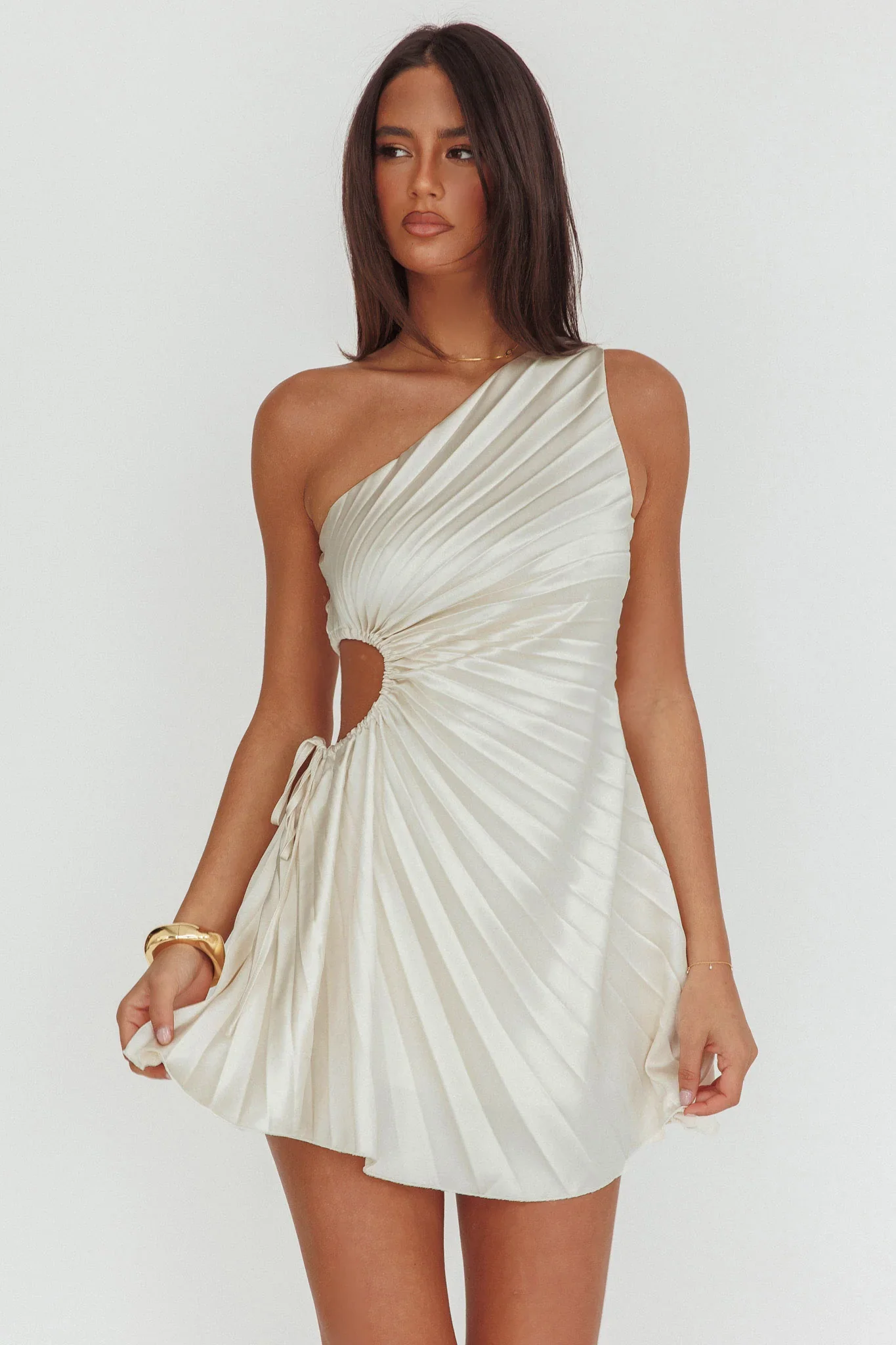 Glow Ray One-Shoulder Pleat Dress Champagne