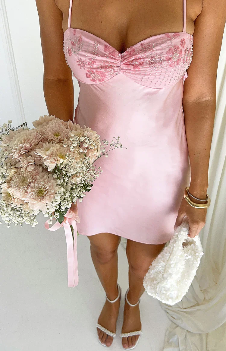 Chilli Pink Beaded Bust Satin Mini Dress