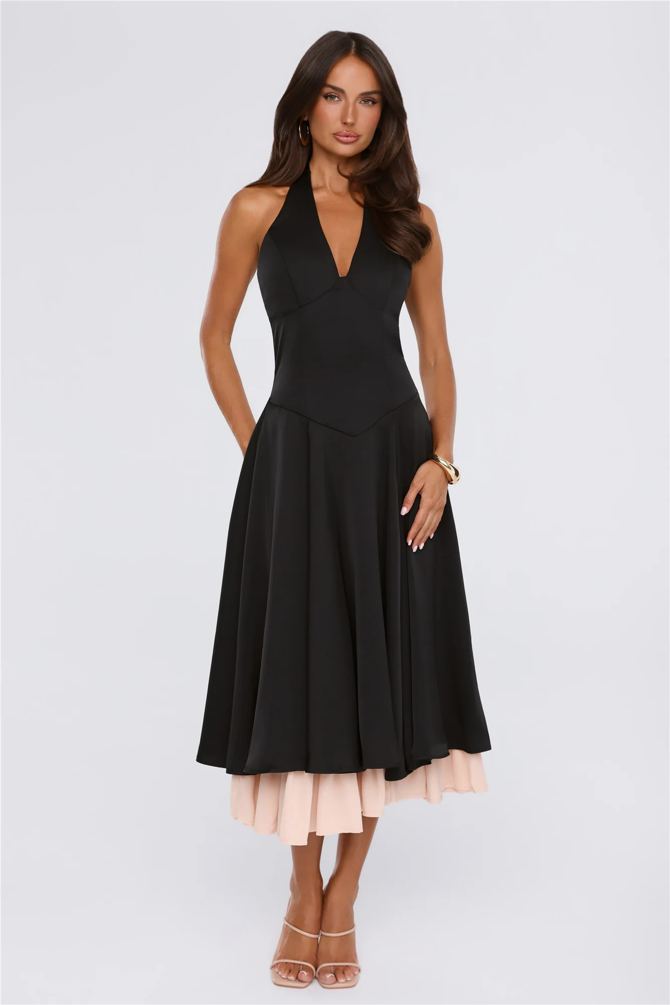 Elegant Energy Satin Halter Midi Dress Black