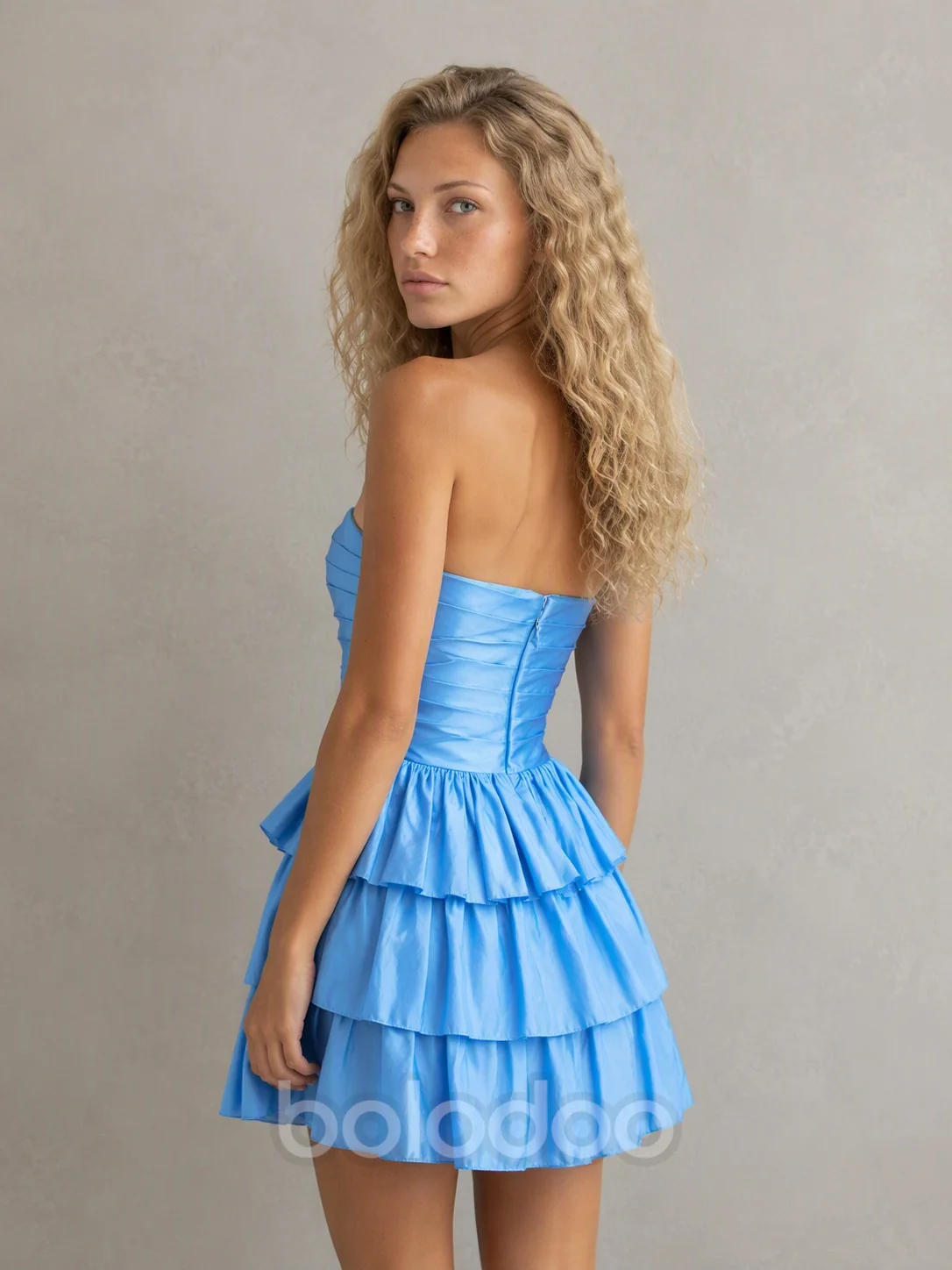 BOLODOO Sky Blue Tiered Strapless Mini Dress