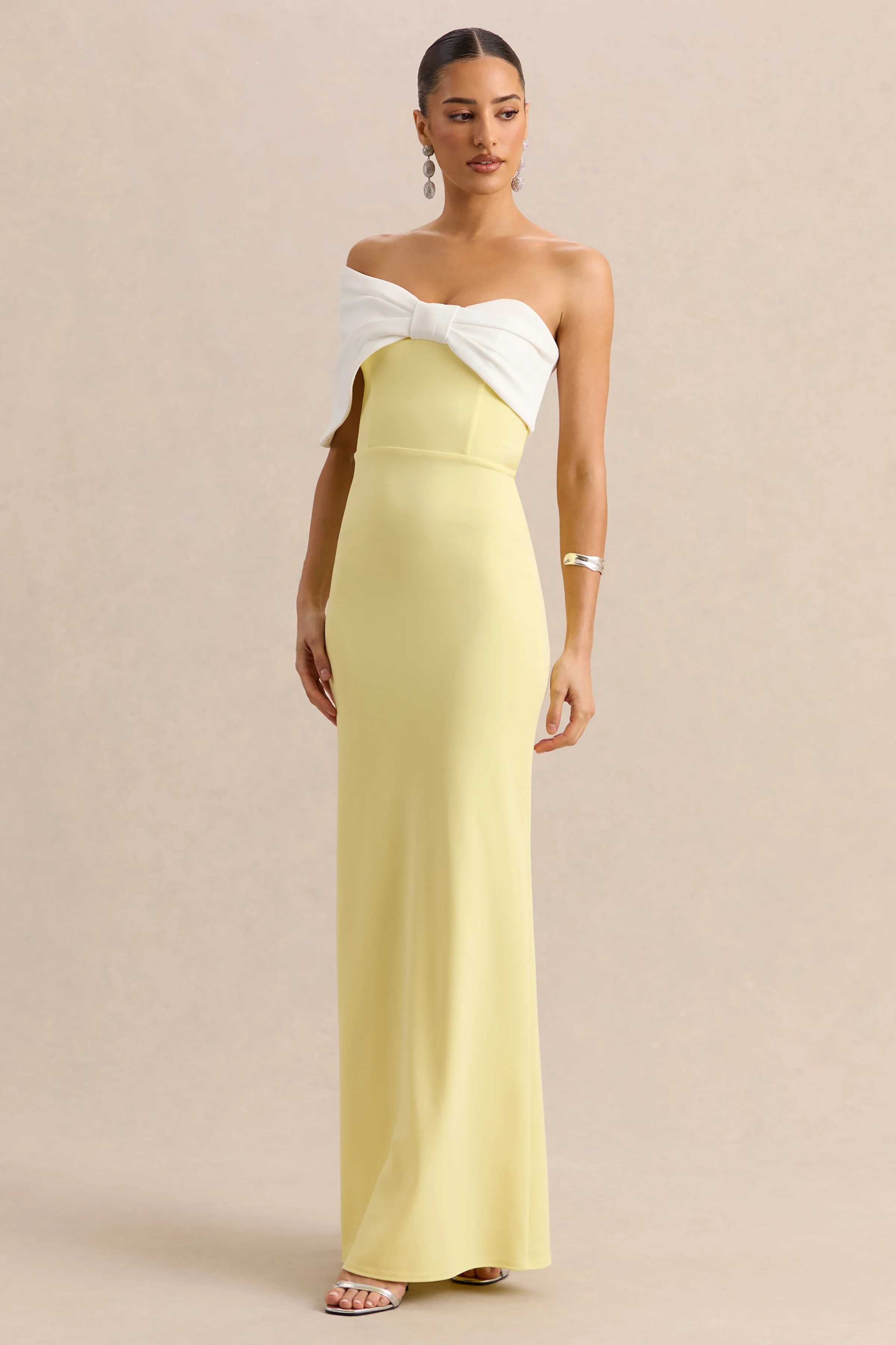 Agatha | Lemon & White Bow Bardot-Neck Maxi Dress