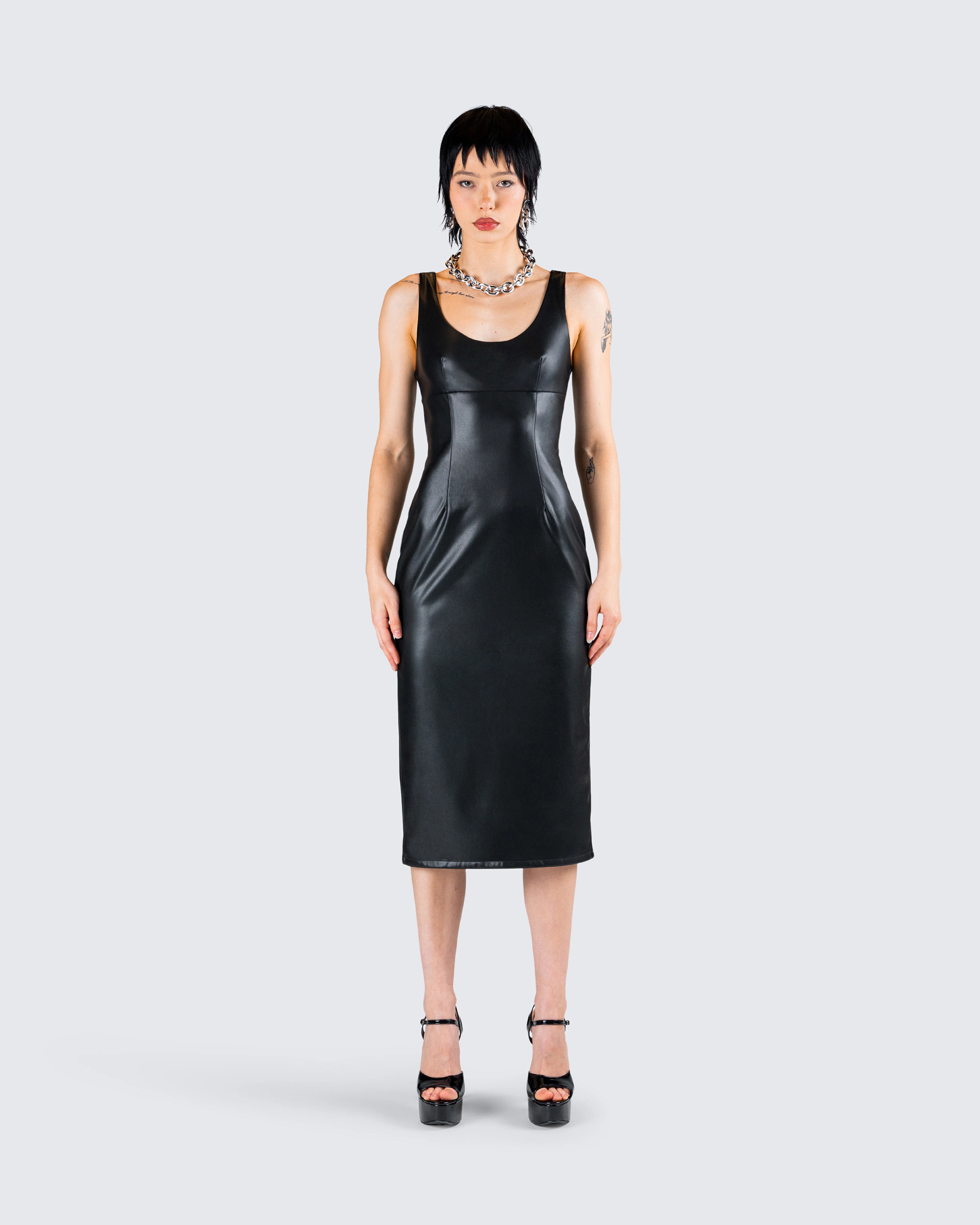 Maia Black Faux Leather Midi Dress