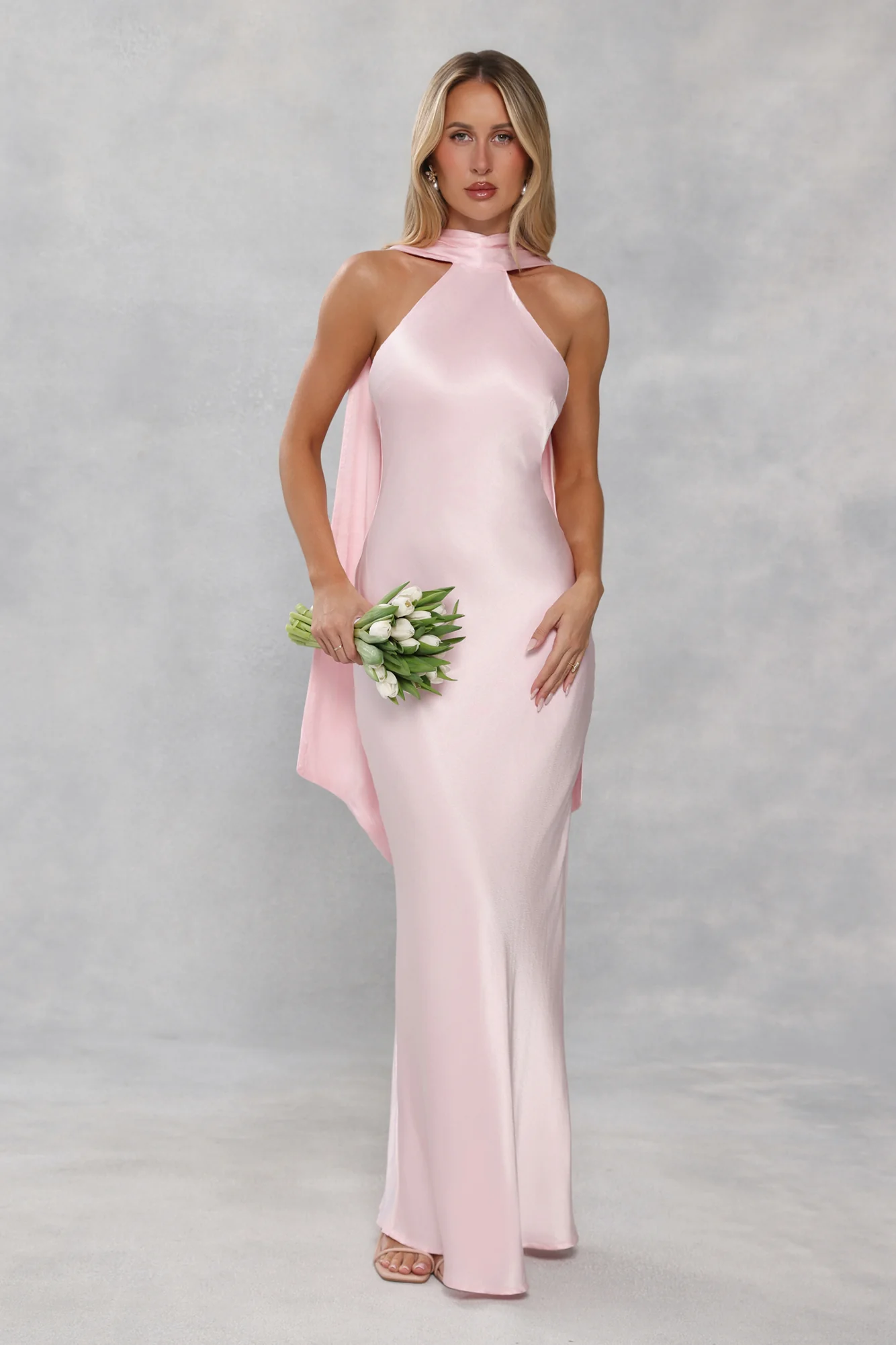 The Vivia Halter Satin Maxi Dress Light Pink