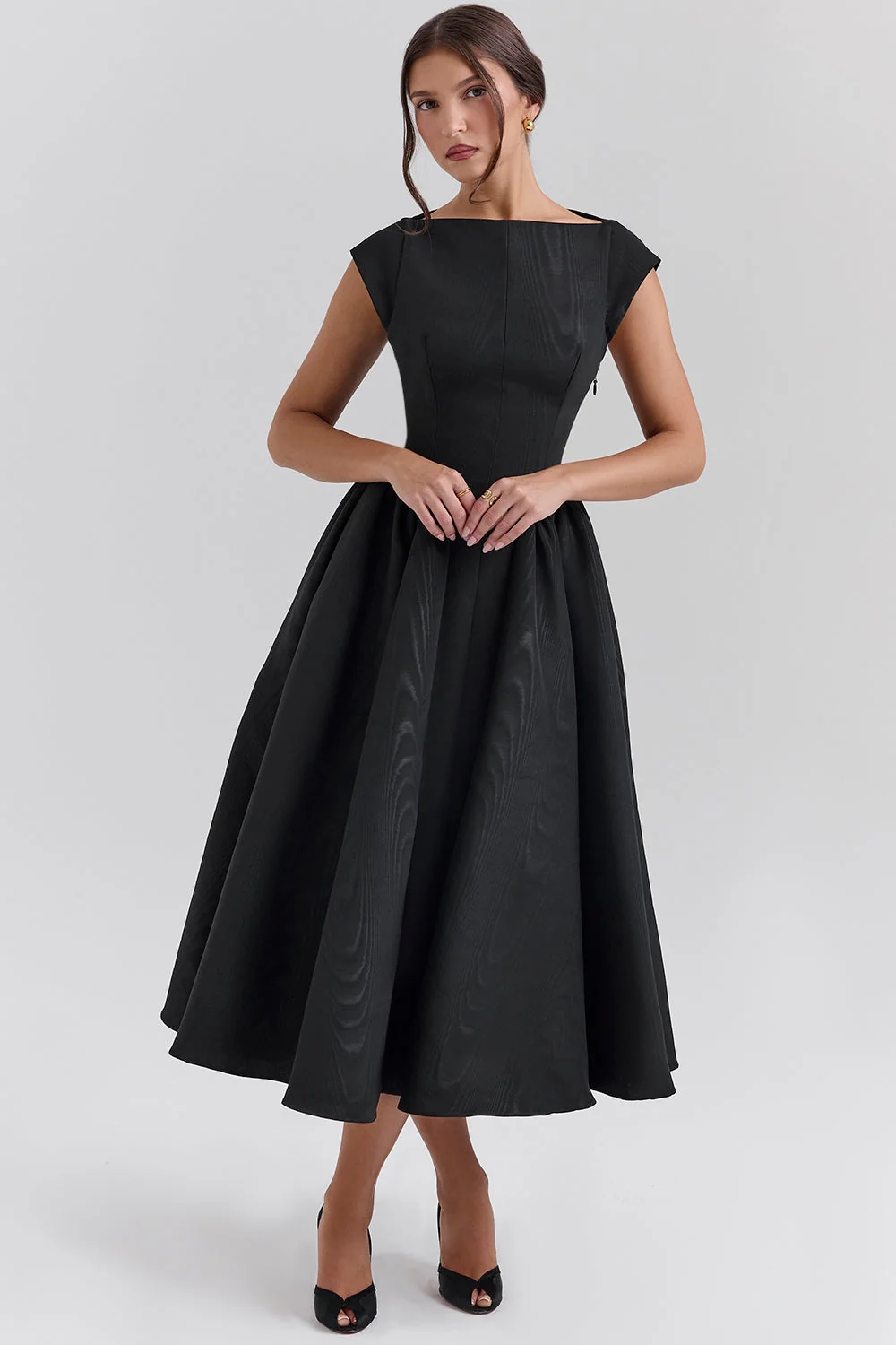 black moire satin backless midi dress