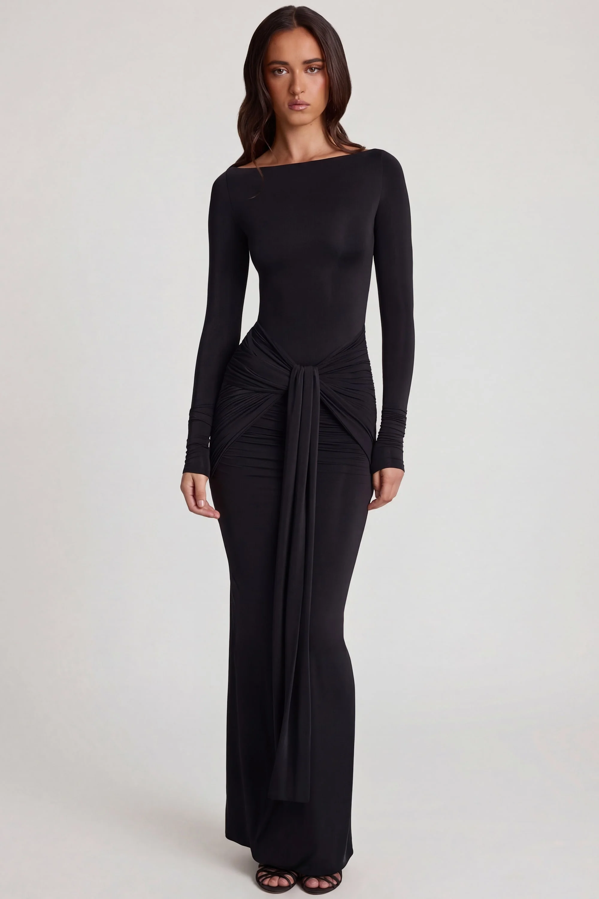 Soft Jersey Boat-Neck Tie-Gather Maxi Dress in Black