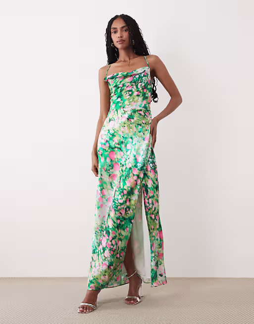 Hope & Ivy satin cami cowl neck open tie back maxi dress in green floral