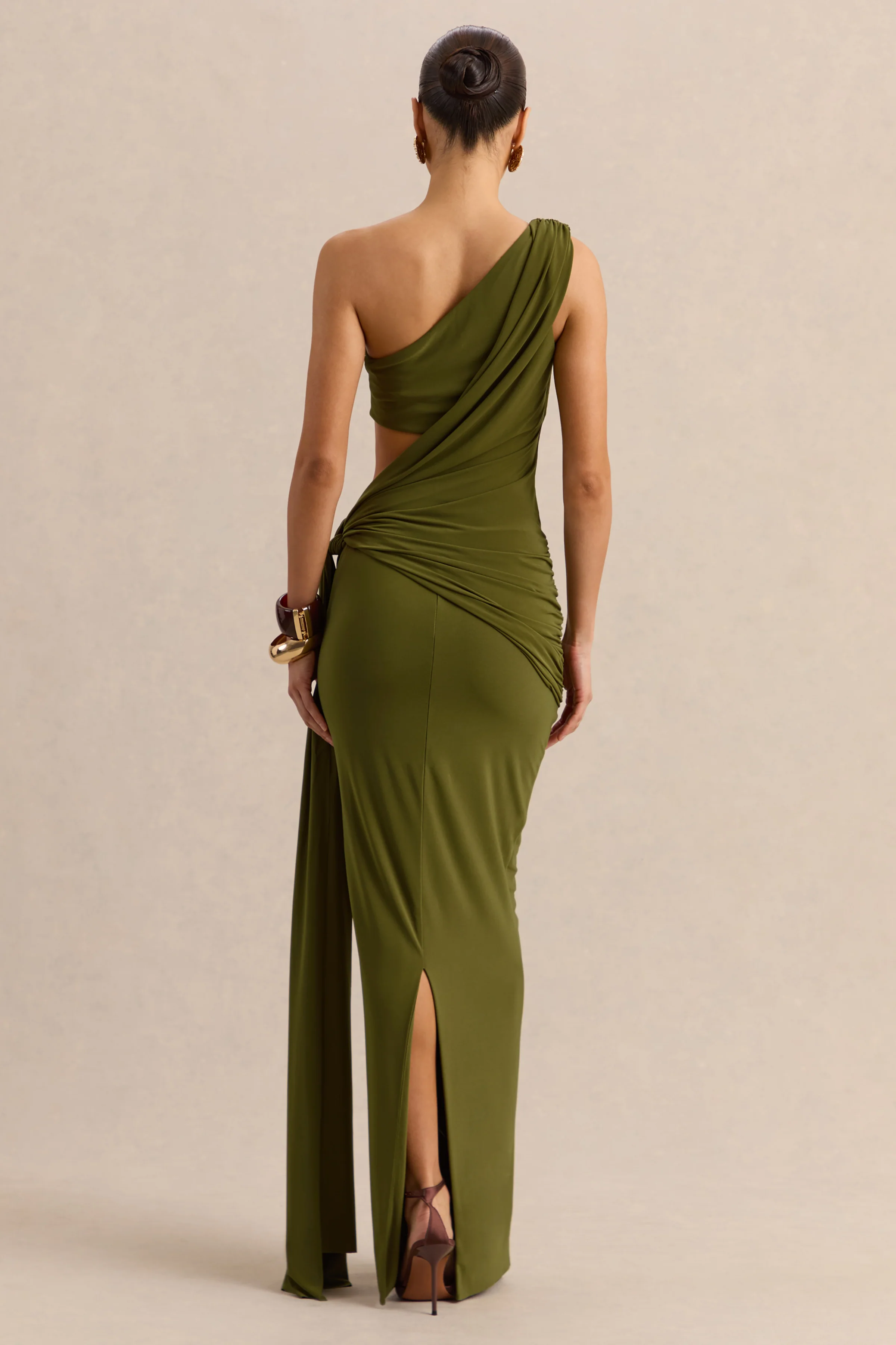 Clarosia | Green Asymmetric-Neck Maxi Dress With Cut-Out With Sash