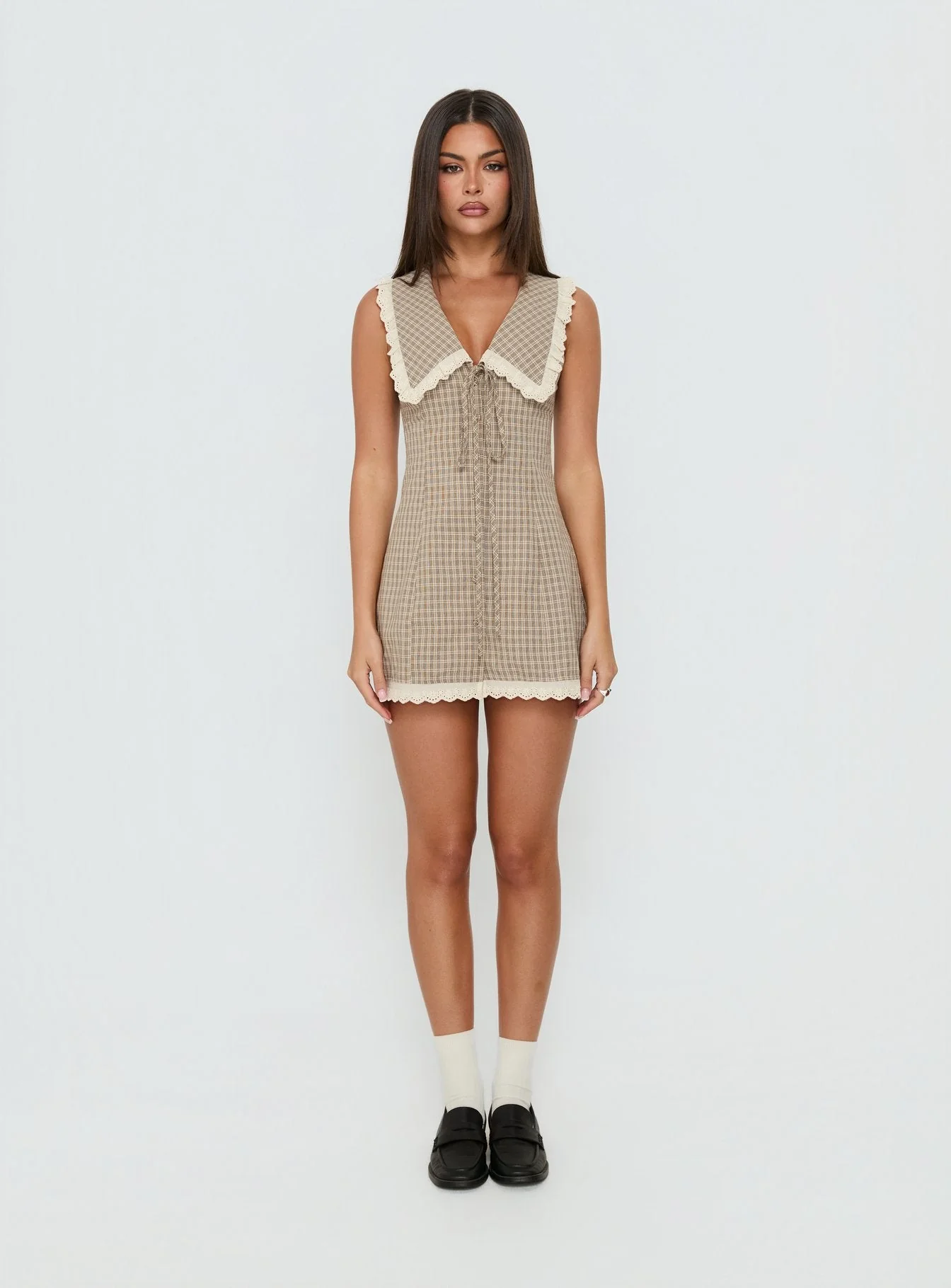 Mayci Collared Lace Trim Romper Brown Check