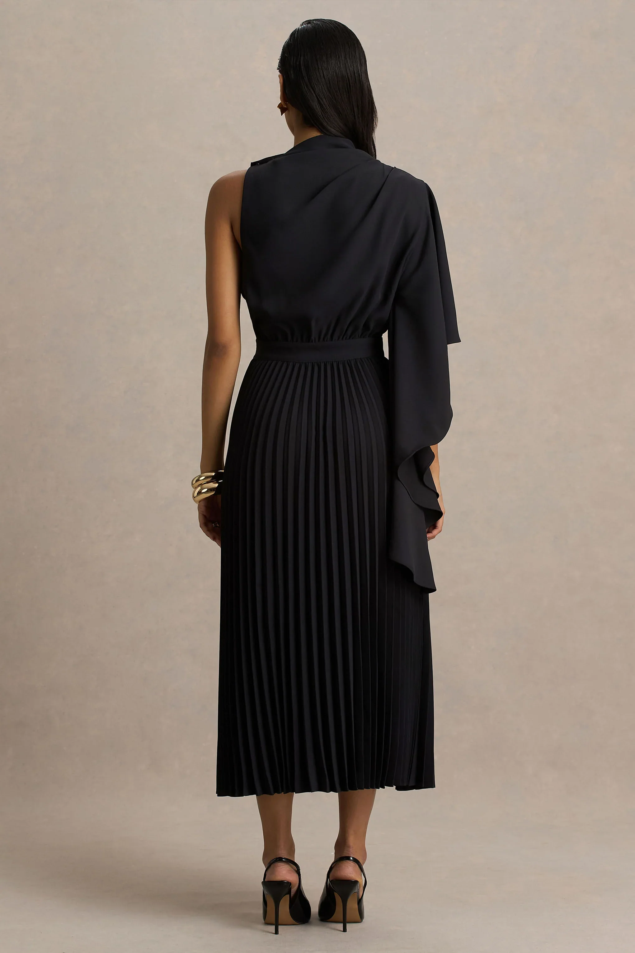 Jimena | Black High-Neck Midi Dress With One-Long Sleeve And Pleated Detailing