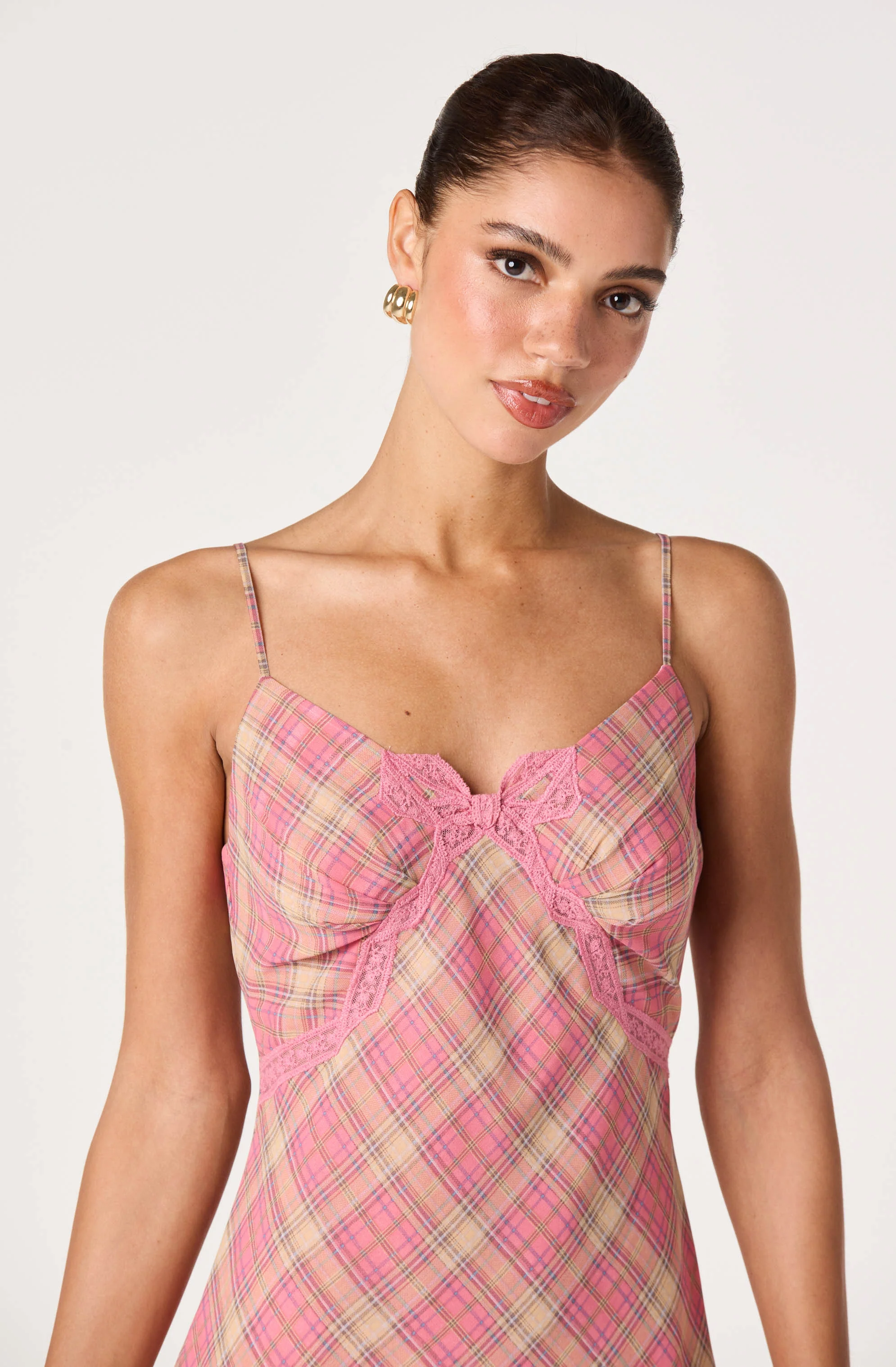 Kirsten Plaid Lace Trim Mini Dress