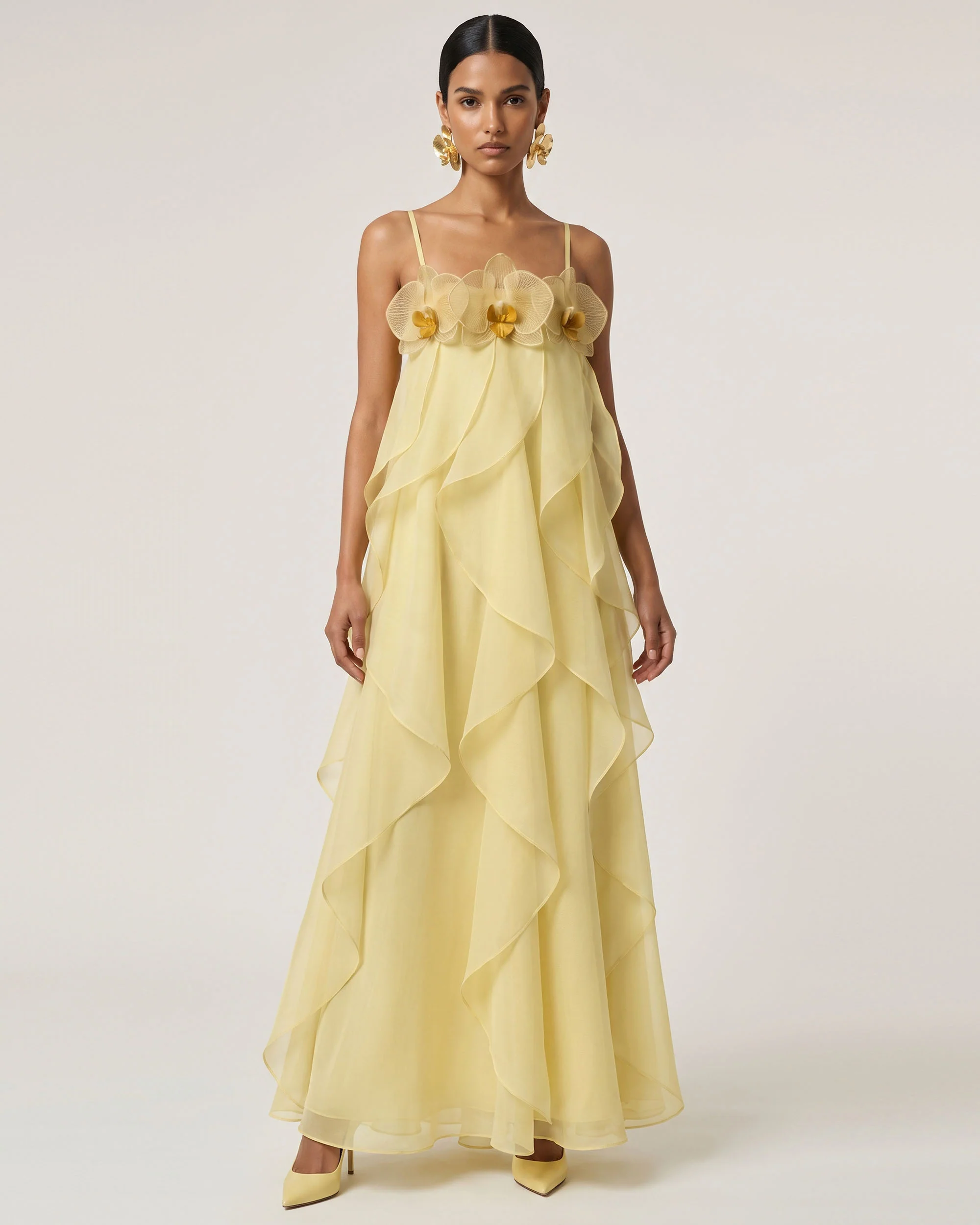 Orchid Embroidered Organza Maxi Dress - Light Yellow