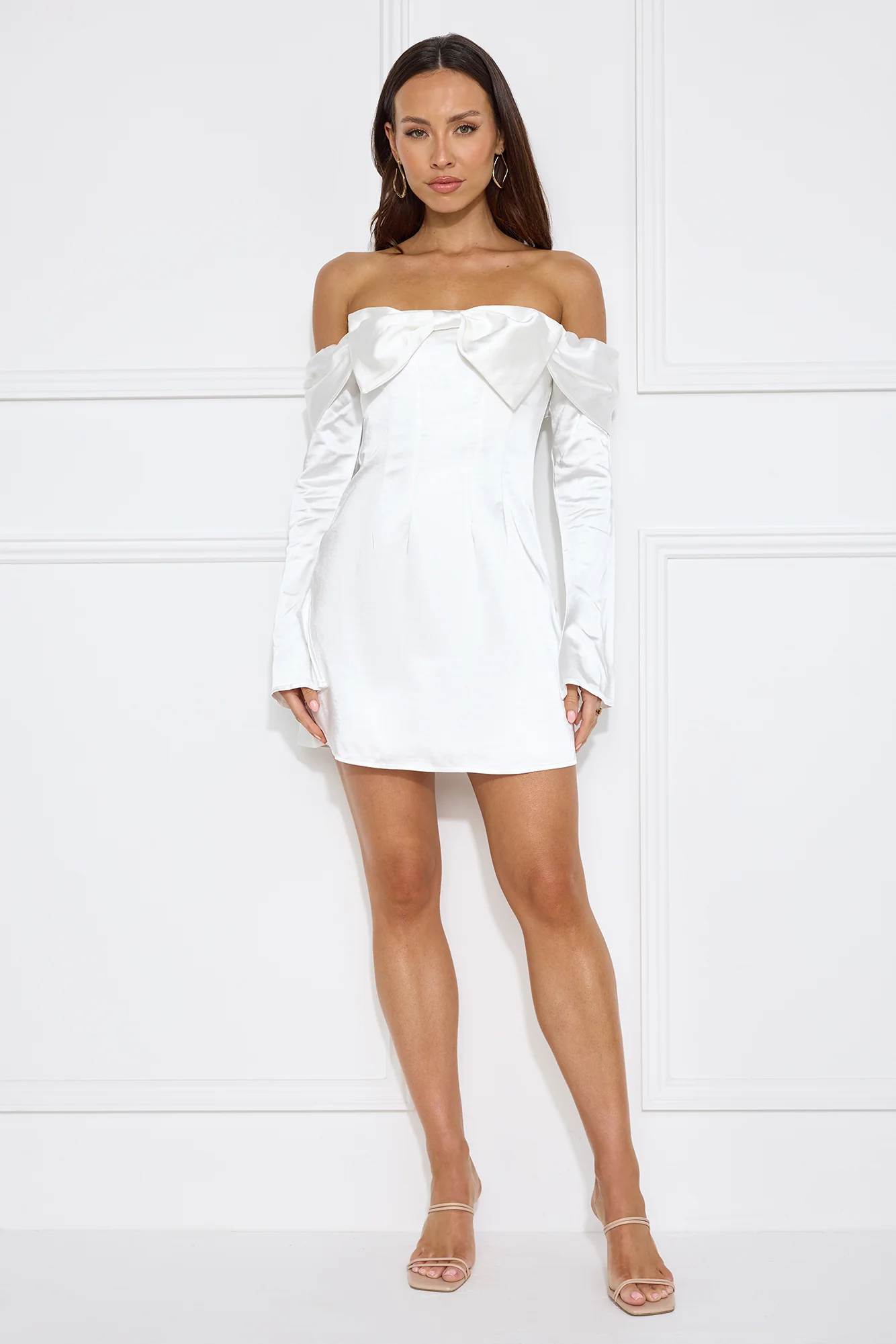 Delicacy Bow Satin Off Shoulder Mini Dress White - luluinthesky