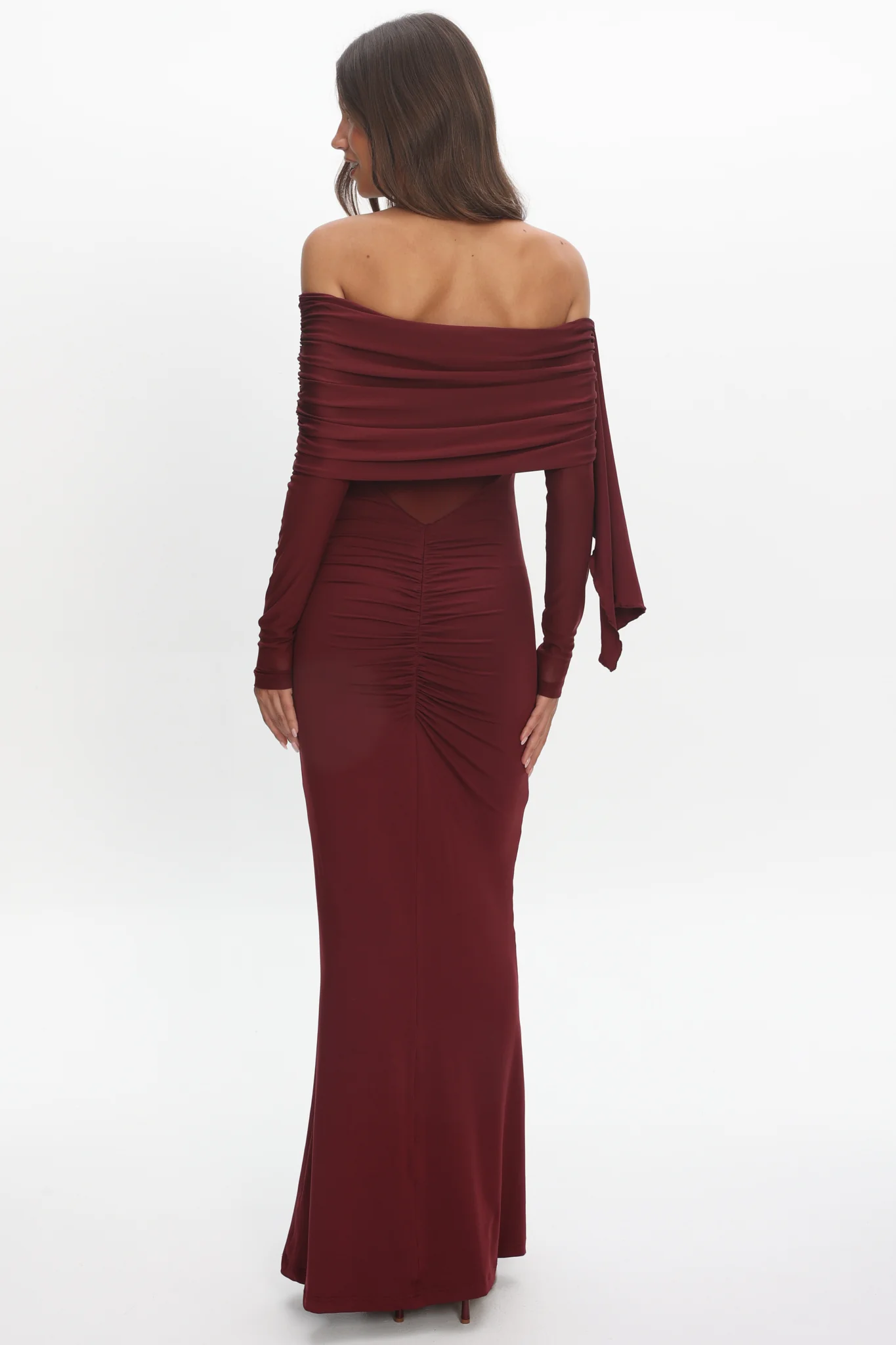Marlowe Off-Shoulder Sheer Waist Maxi Dress Wine