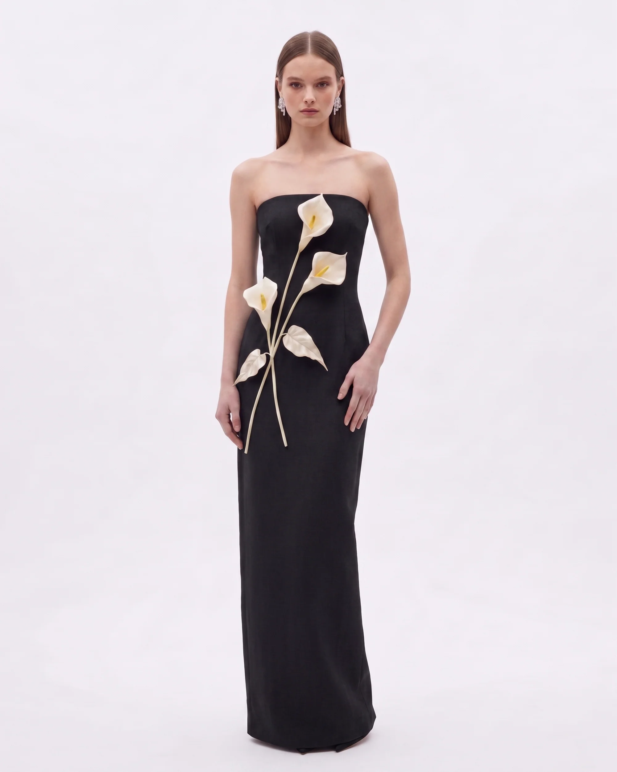 Floral Appliqué Strapless Dress - Black