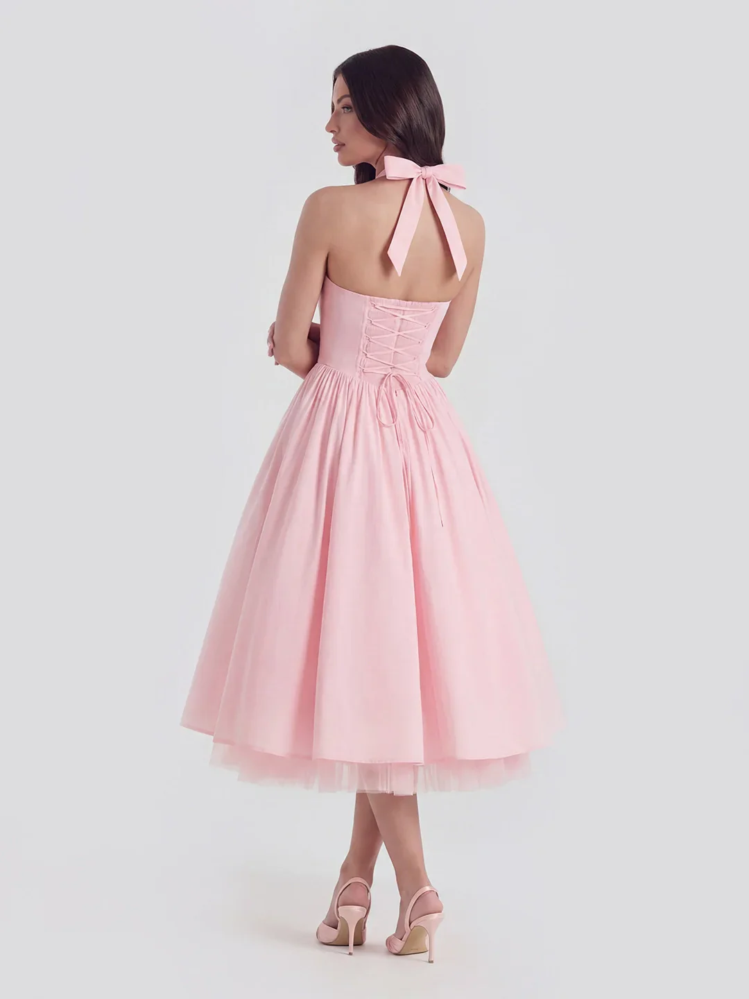 Lace-Up Halter Midi with Exposed Tulle Hem