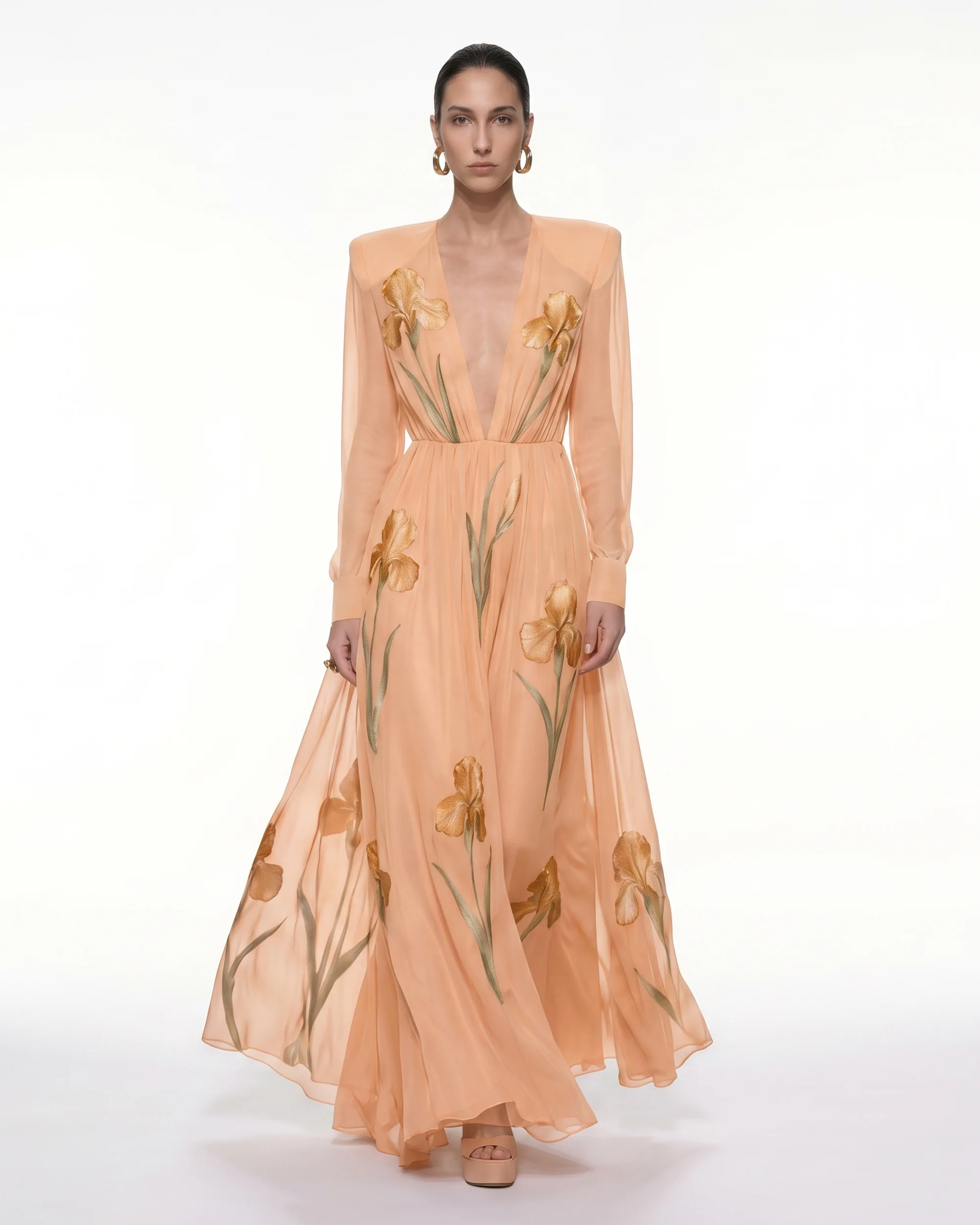 Iris Floral Print Long-Sleeve Sheer Gown - Apricot