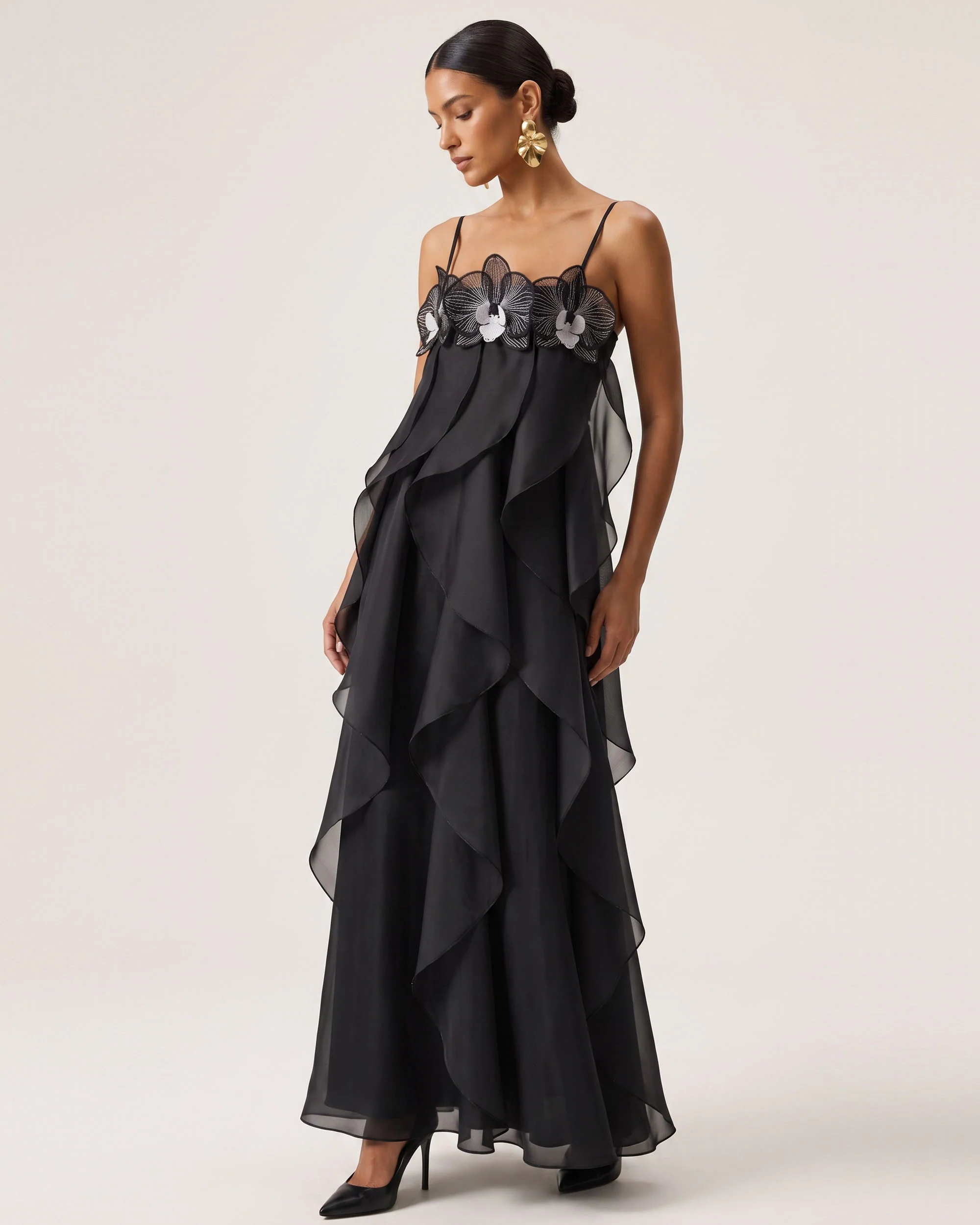 Orchid Embroidered Organza Maxi Dress - Black