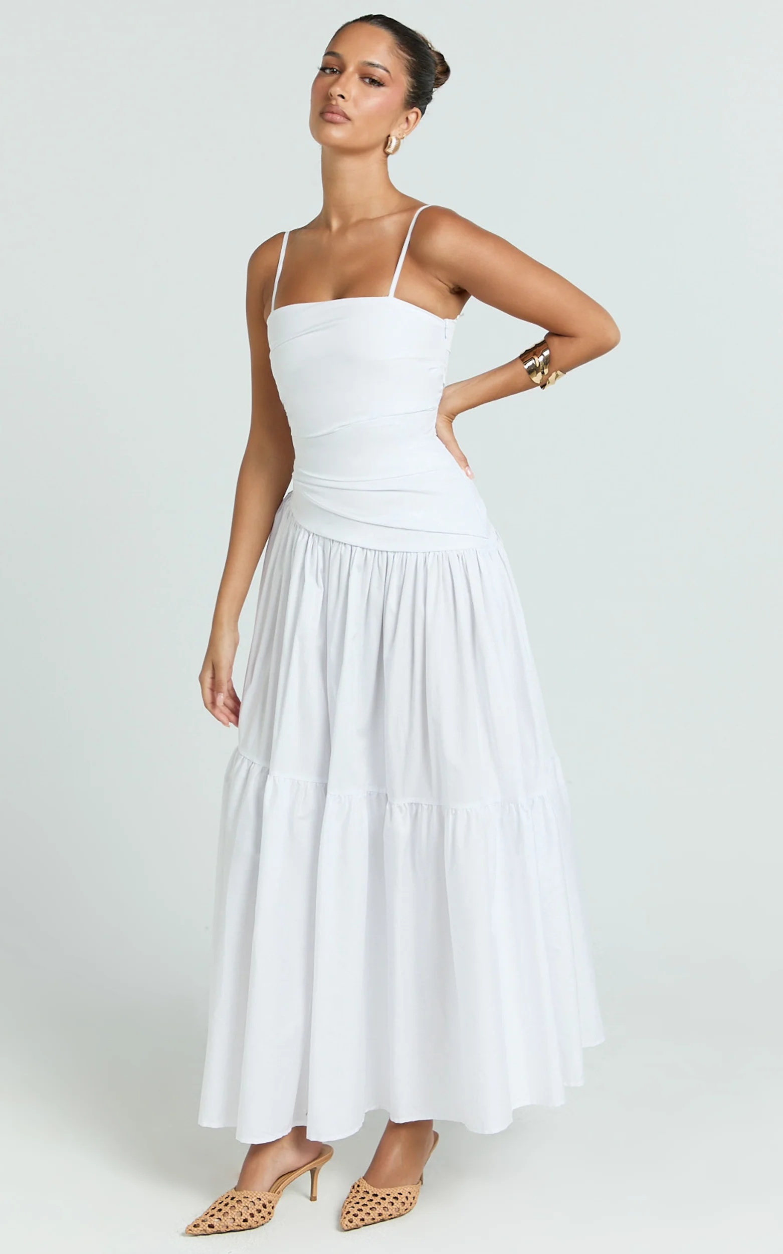 Dani Midi Dress - Asymmetrical Ruched Waisted in White