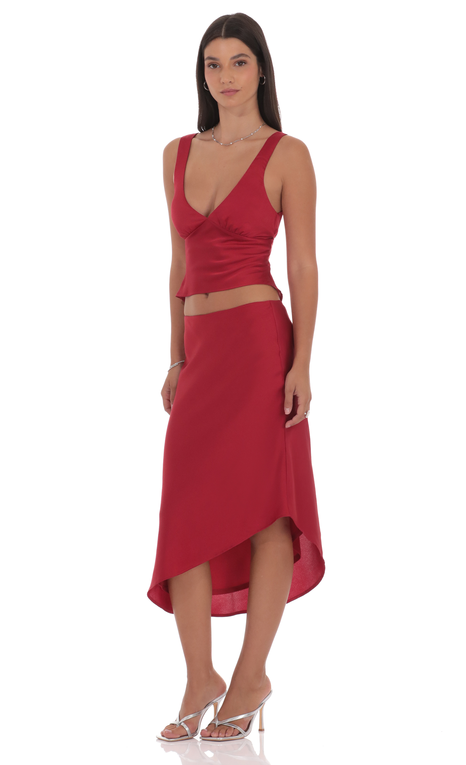 Satin Asymmetrical Midi Skirt in Red - luluinthesky