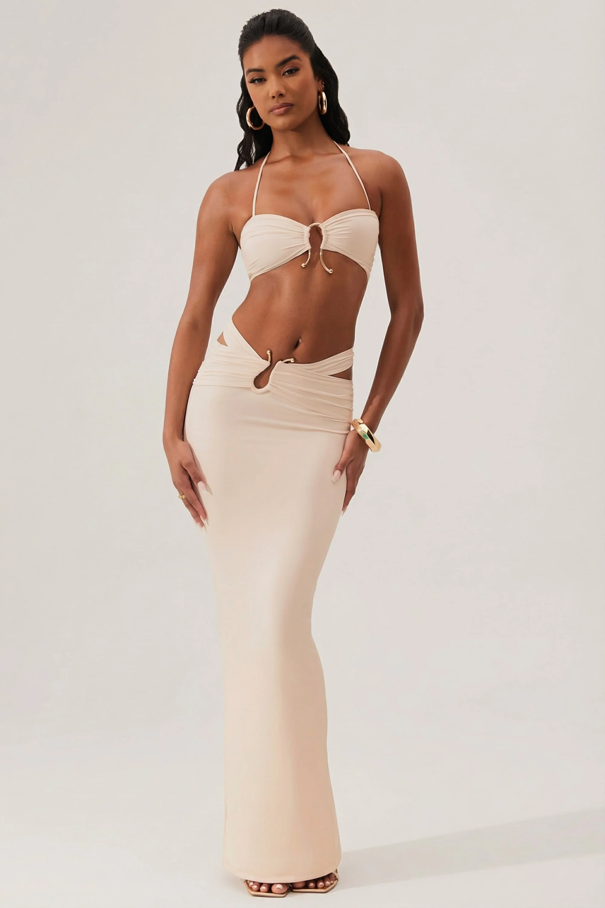 Ruched Waist Hardware Detail Maxi Skirt in Ivory