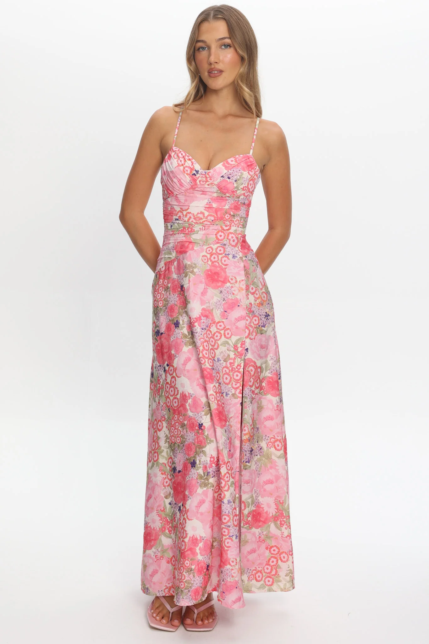 Marin Gathered Bodice Maxi Dress Floral Pink
