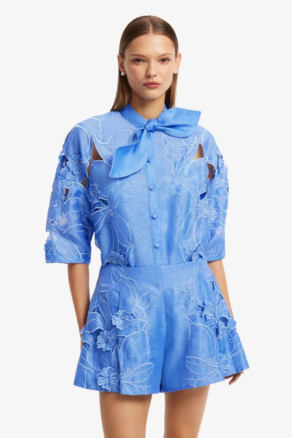Brooklyn Appliqué Bow Puff Sleeve Top - Azure