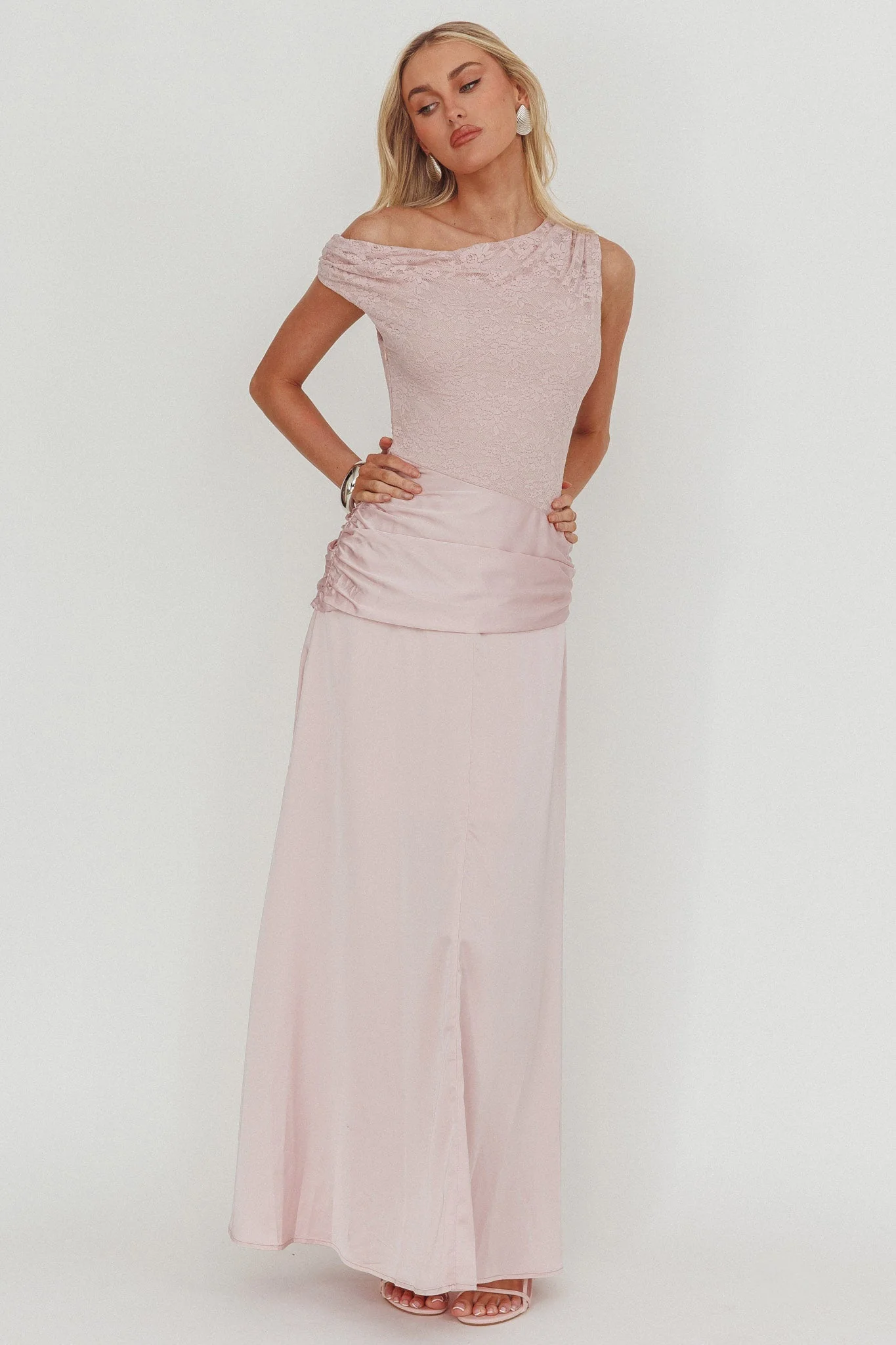 Diana Asymmetric Shoulder Pleat Waist Maxi Dress Blush - luluinthesky