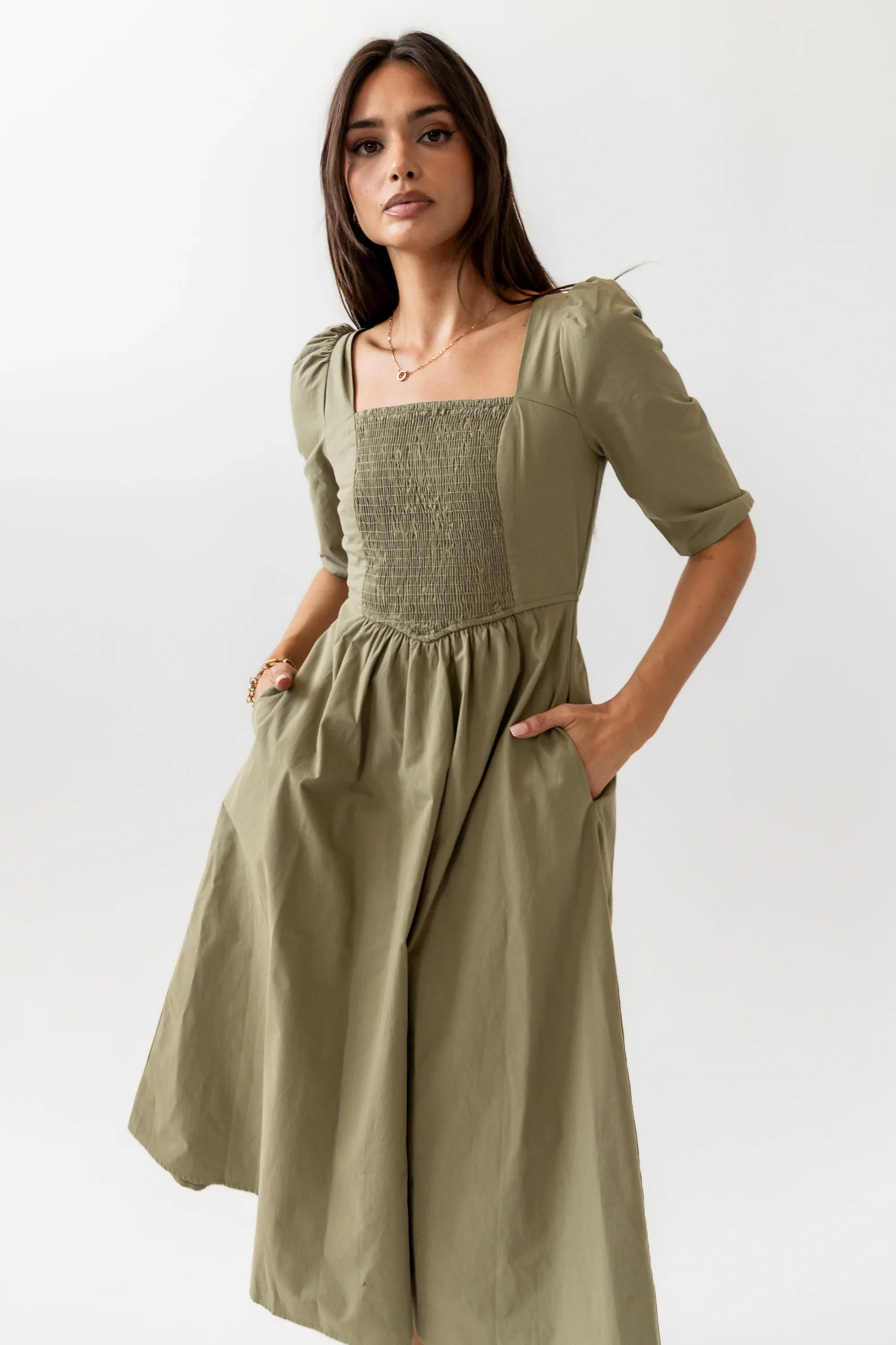 Paisley Smocked Midi Dress in Sage