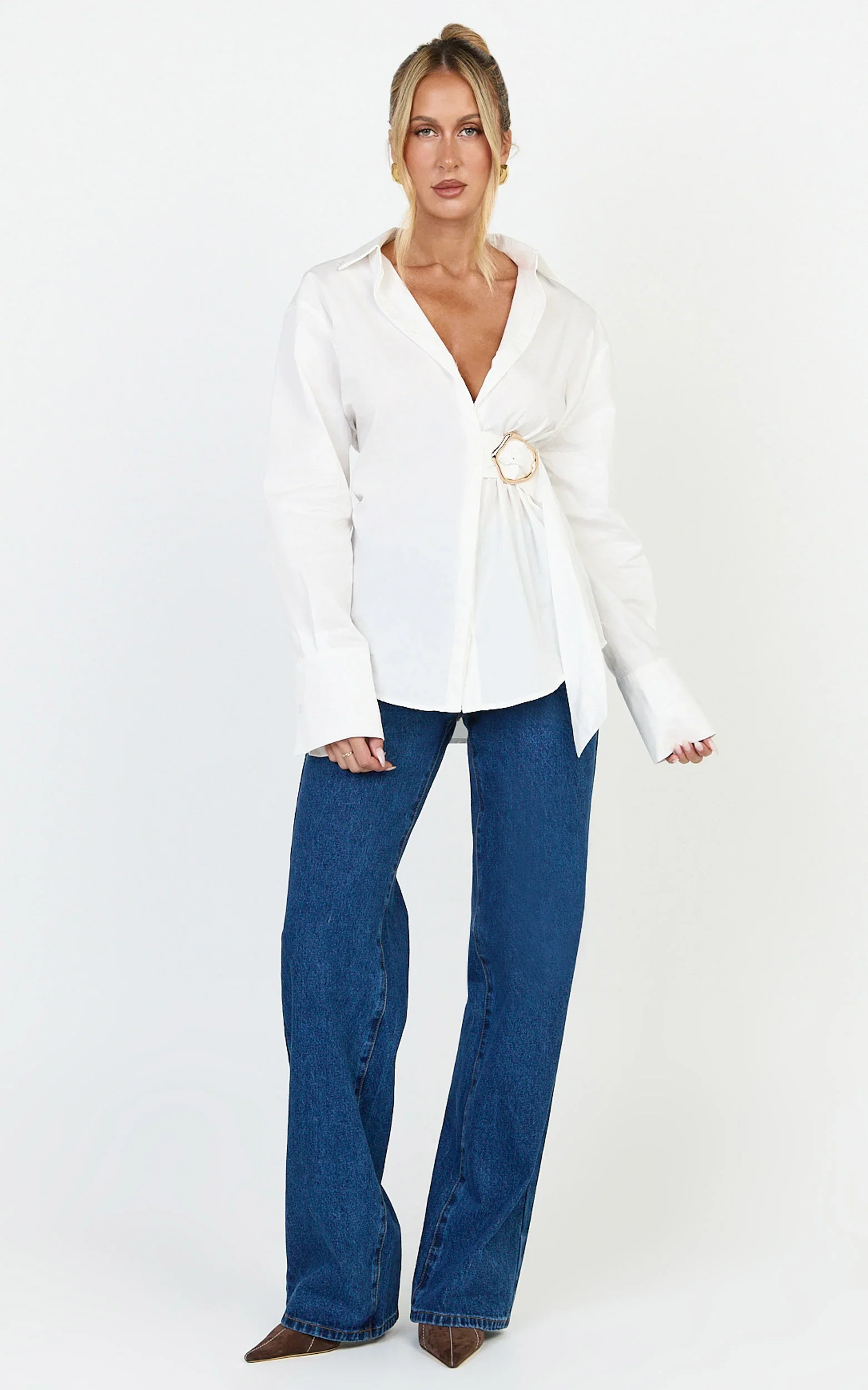 Heloise Top - Wrap Front Buckle and Tie Detail LS Shirt in White