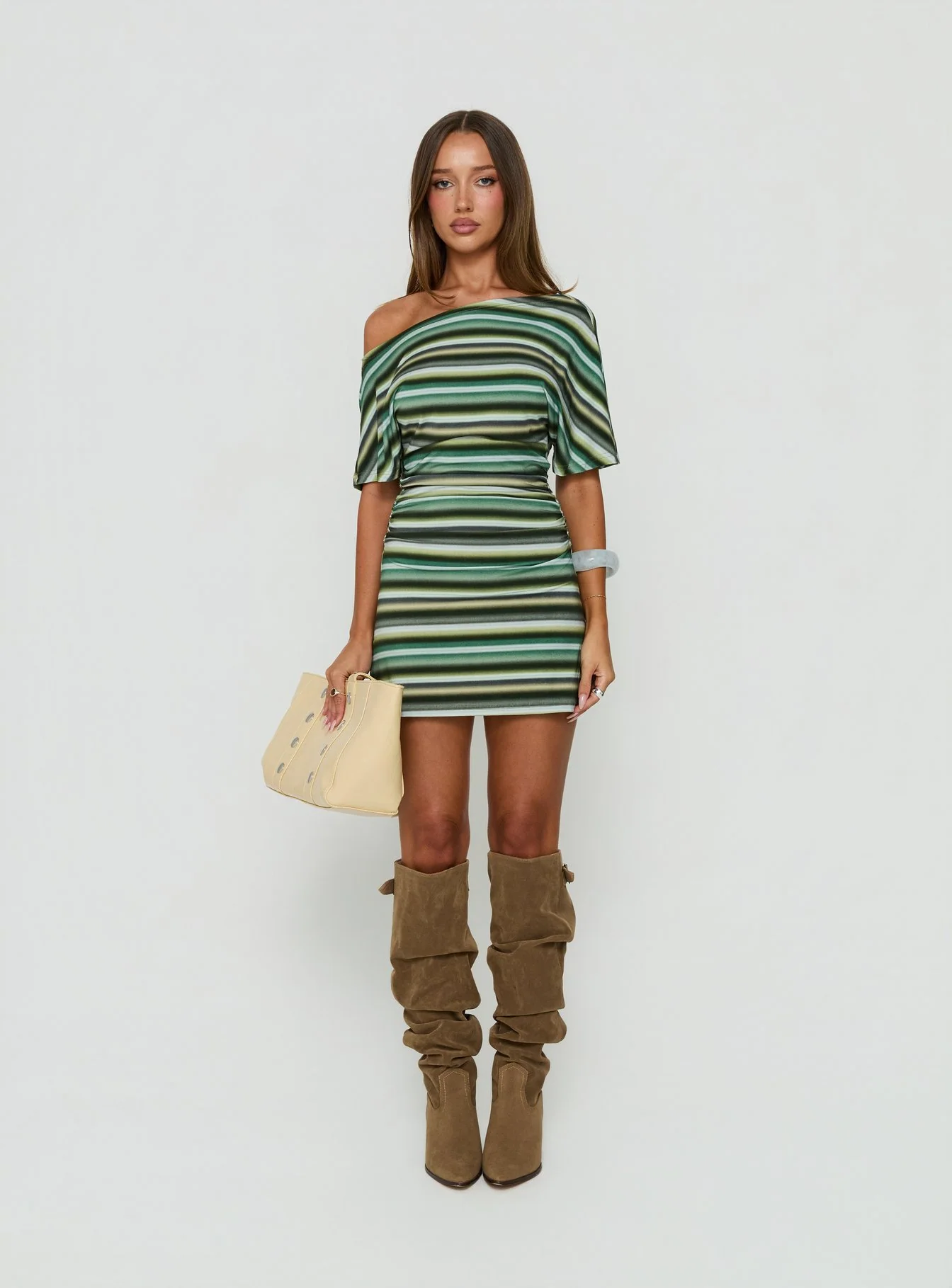 Mista Off Shoulder Asymmetrical Mini Dress Blue Multi Stripe