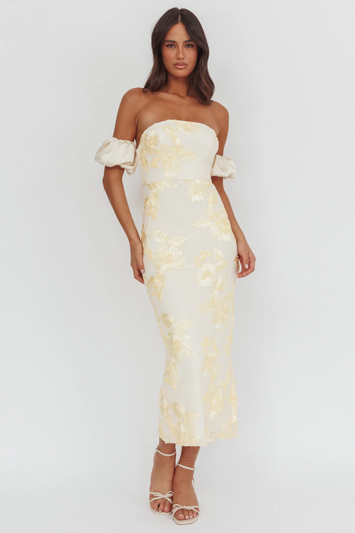Roman Holiday Puff Sleeve Embellished Midi Dress Gold