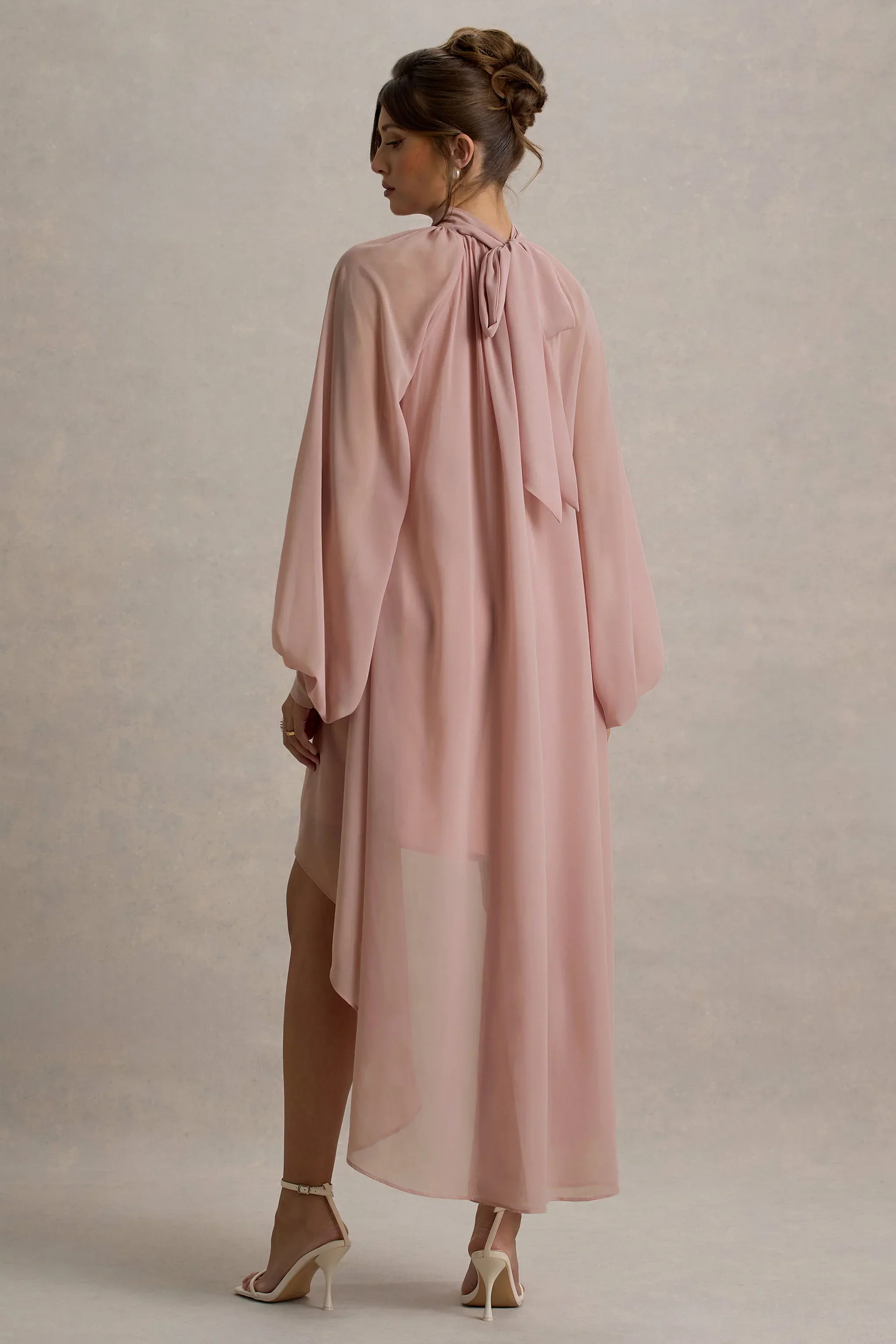 Delphia | Pale Pink High-Neck Maxi Dress With High-Low Hem