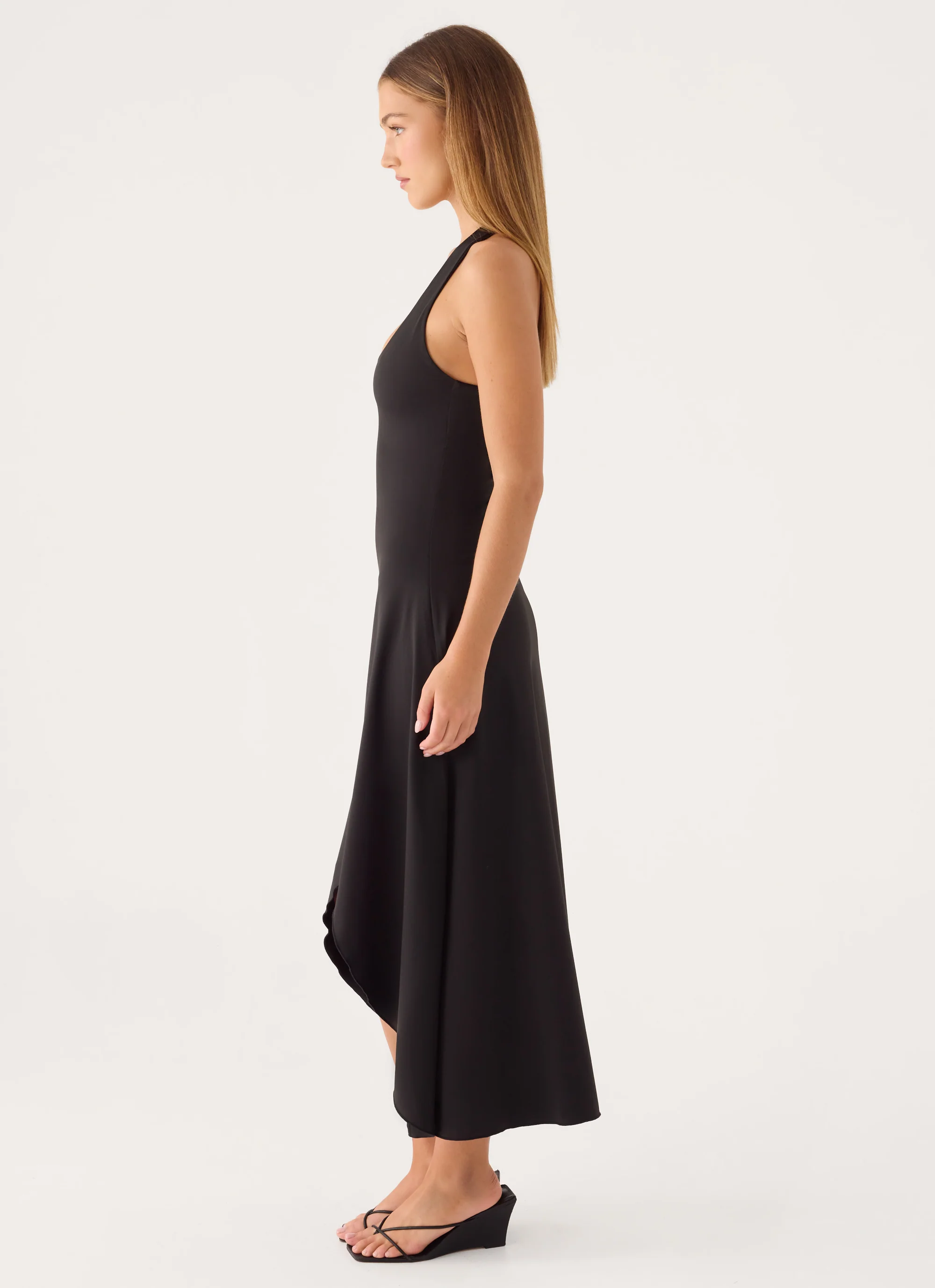 Kyrra Asymmetrical Midi Dress - Black - luluinthesky