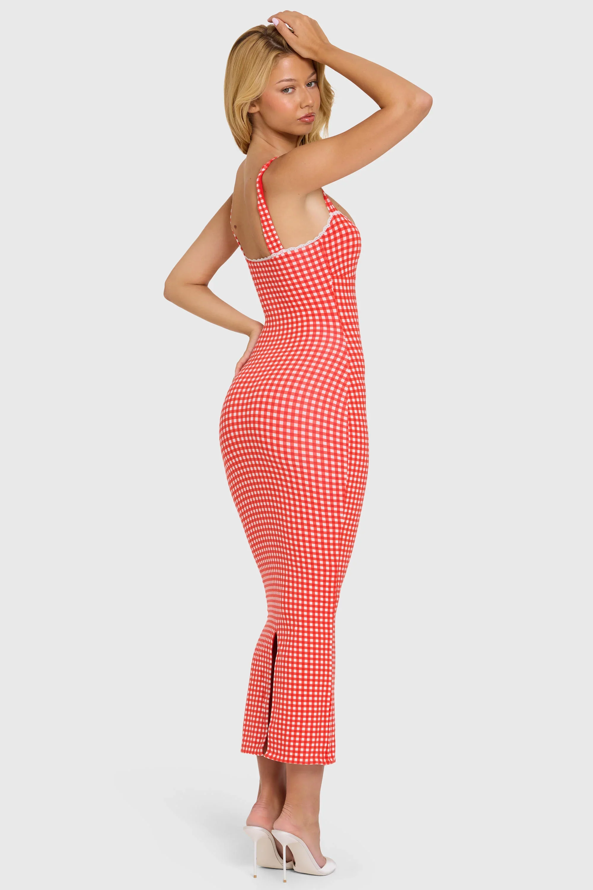 Modal Lace-Trim Midaxi Dress in Red Gingham
