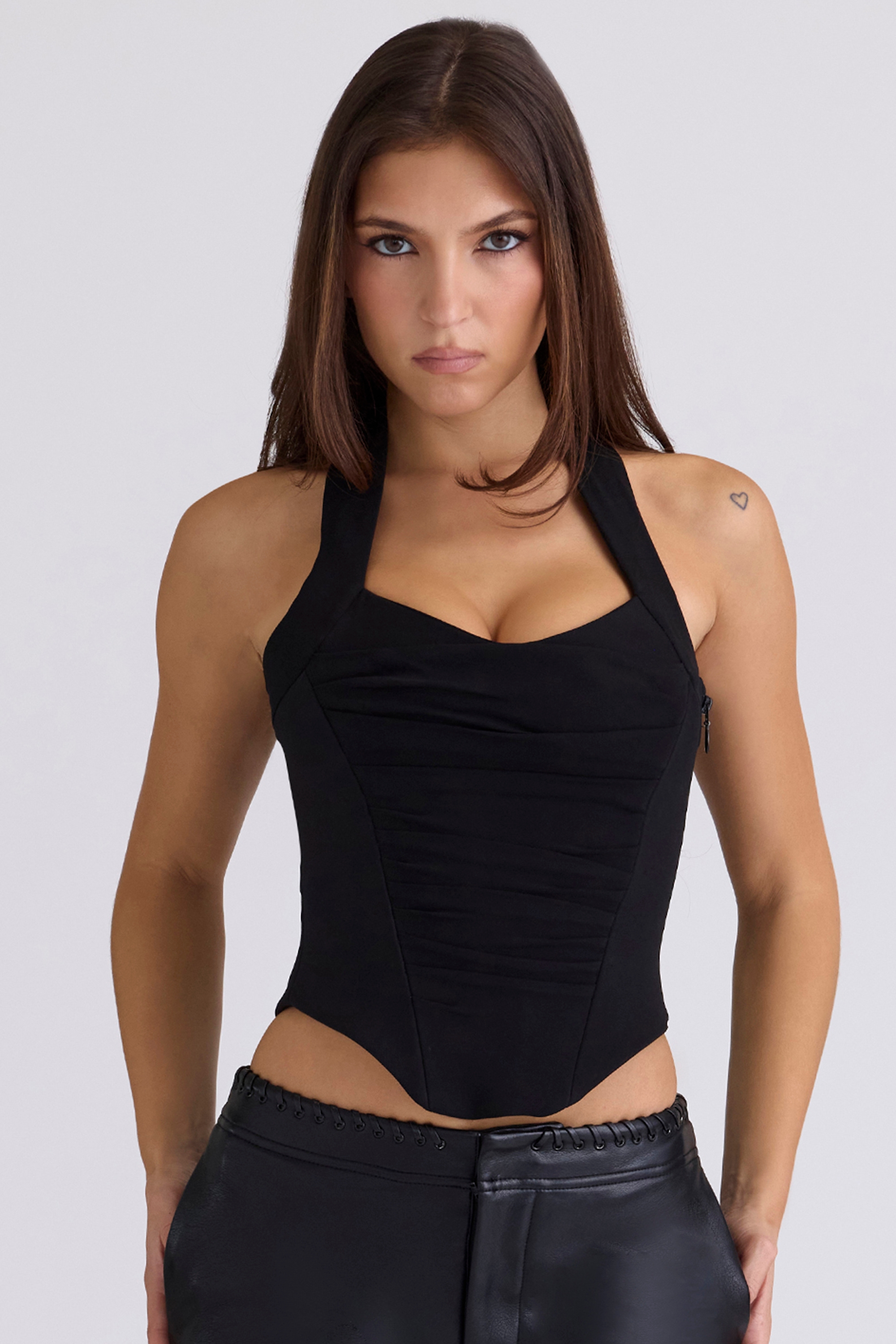 black sculpting halter neck corset top