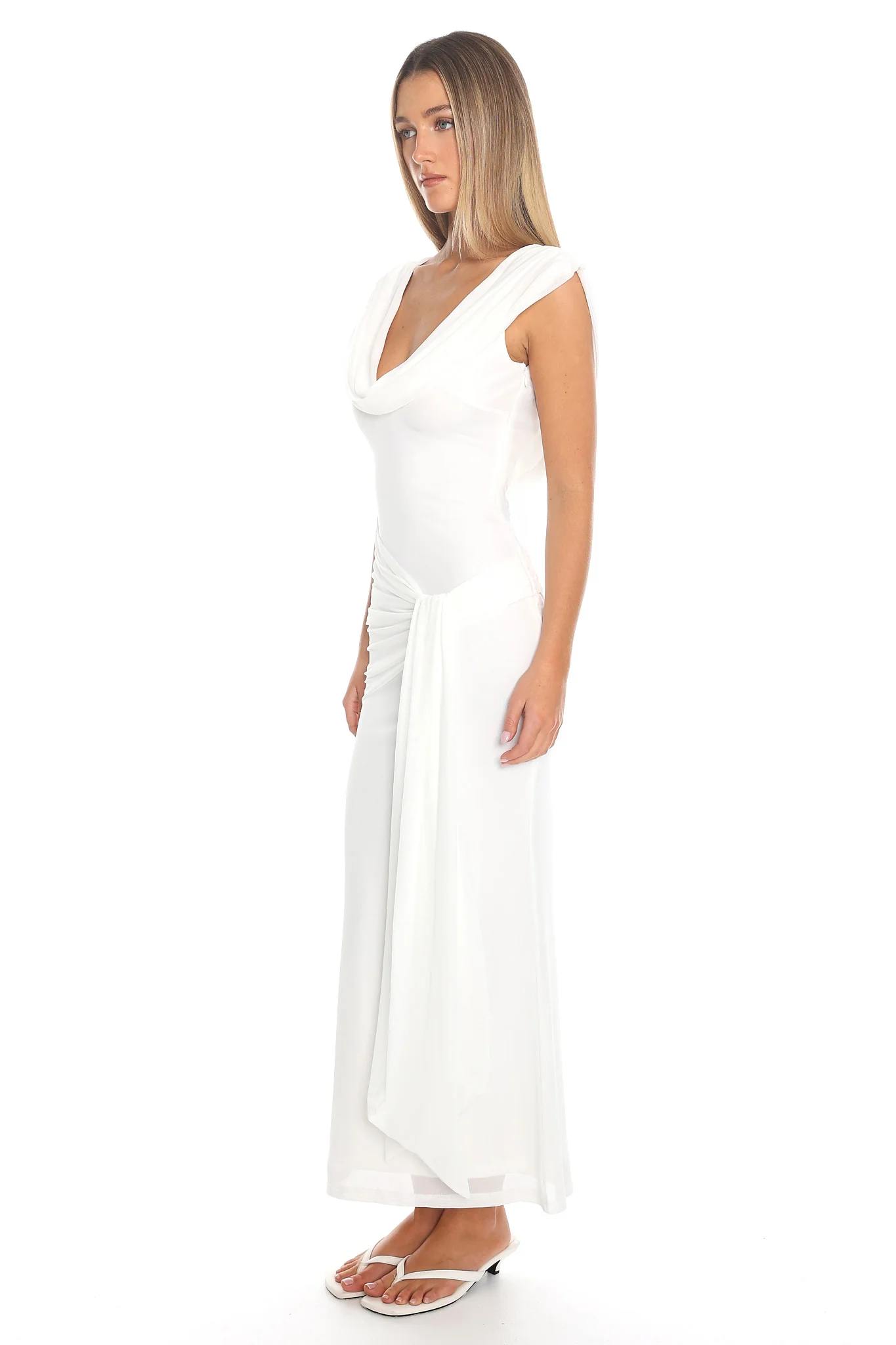 Virgo Season Draped Shoulder Maxi Dress White