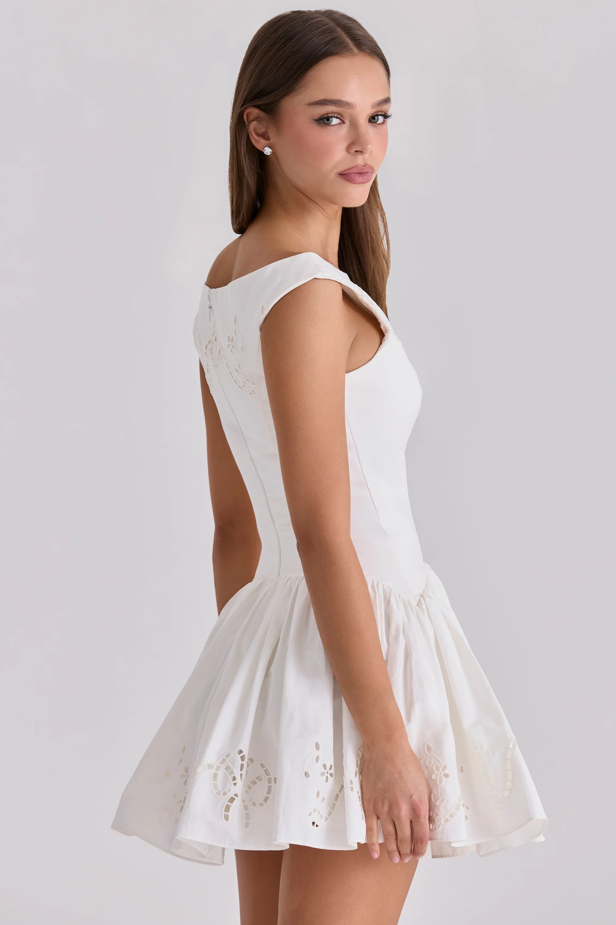 white cotton broderie anglaise boat neck mini dress