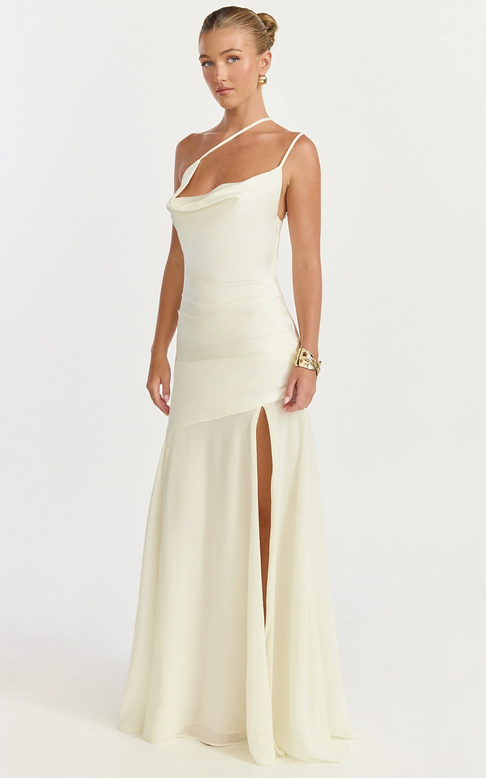 Flynn Maxi Dress - Asymmetric Neck Sheer Skirt Dress in Ivory