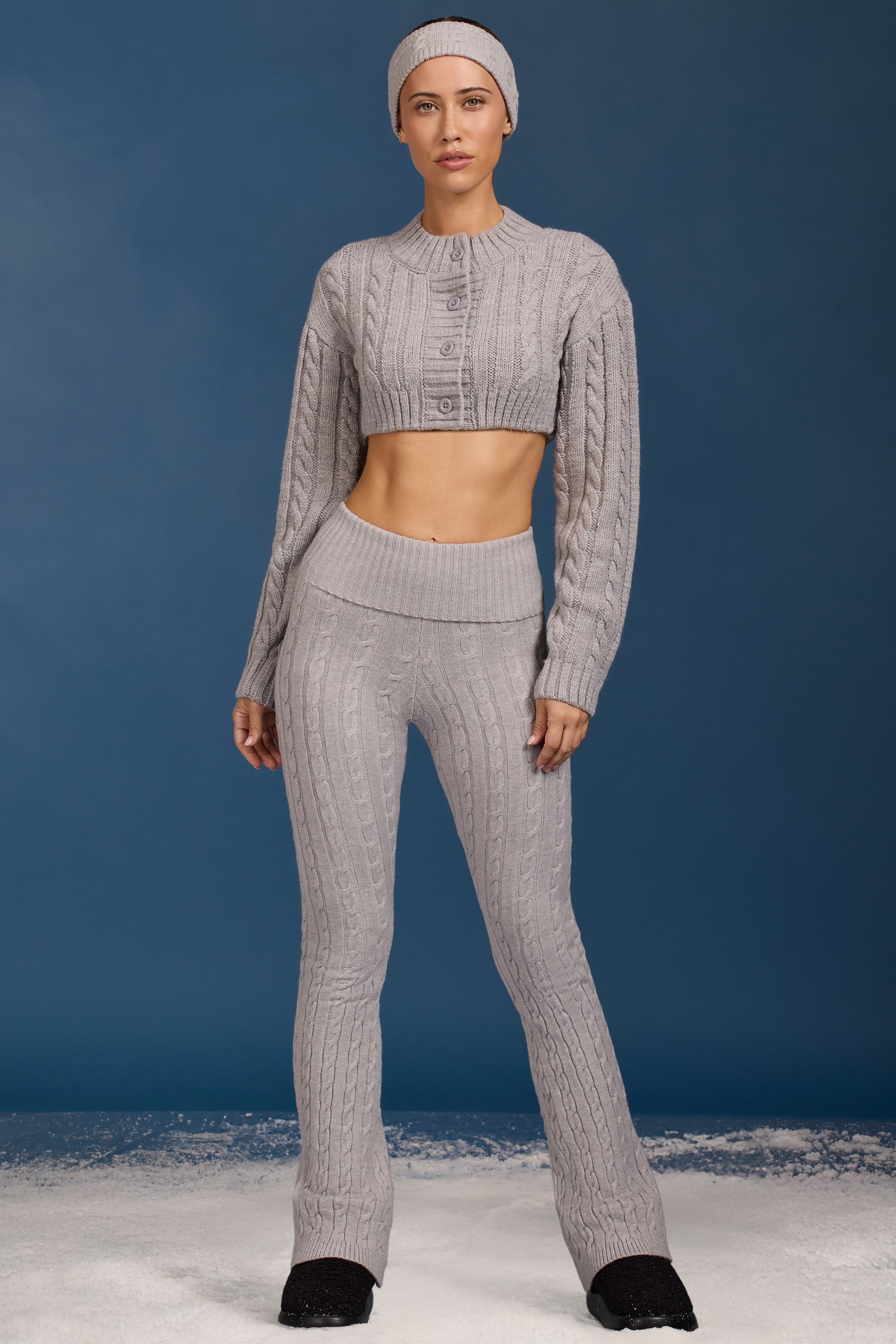 Cable Knit Foldover Flared Trousers in Grey Marl