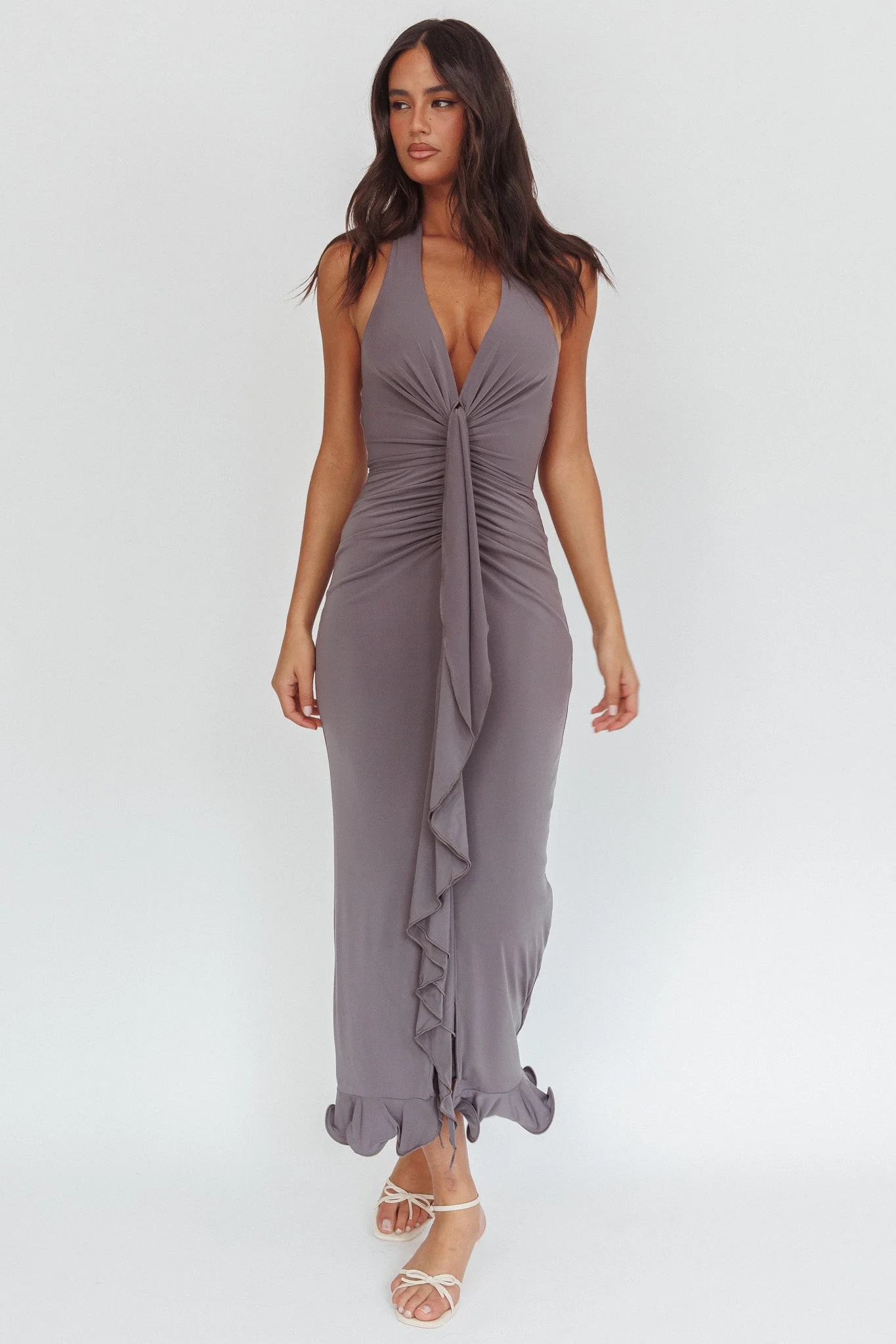 Ray Of Light Ruched Halterneck Maxi Dress Taupe