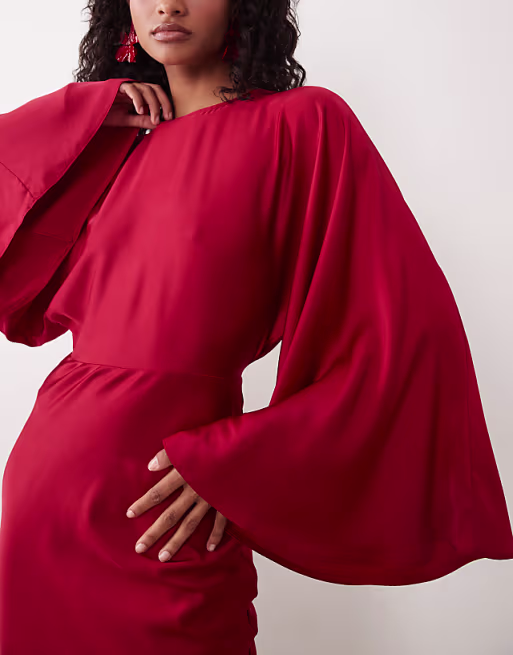 matte satin batwing bias waisted maxi dress in red