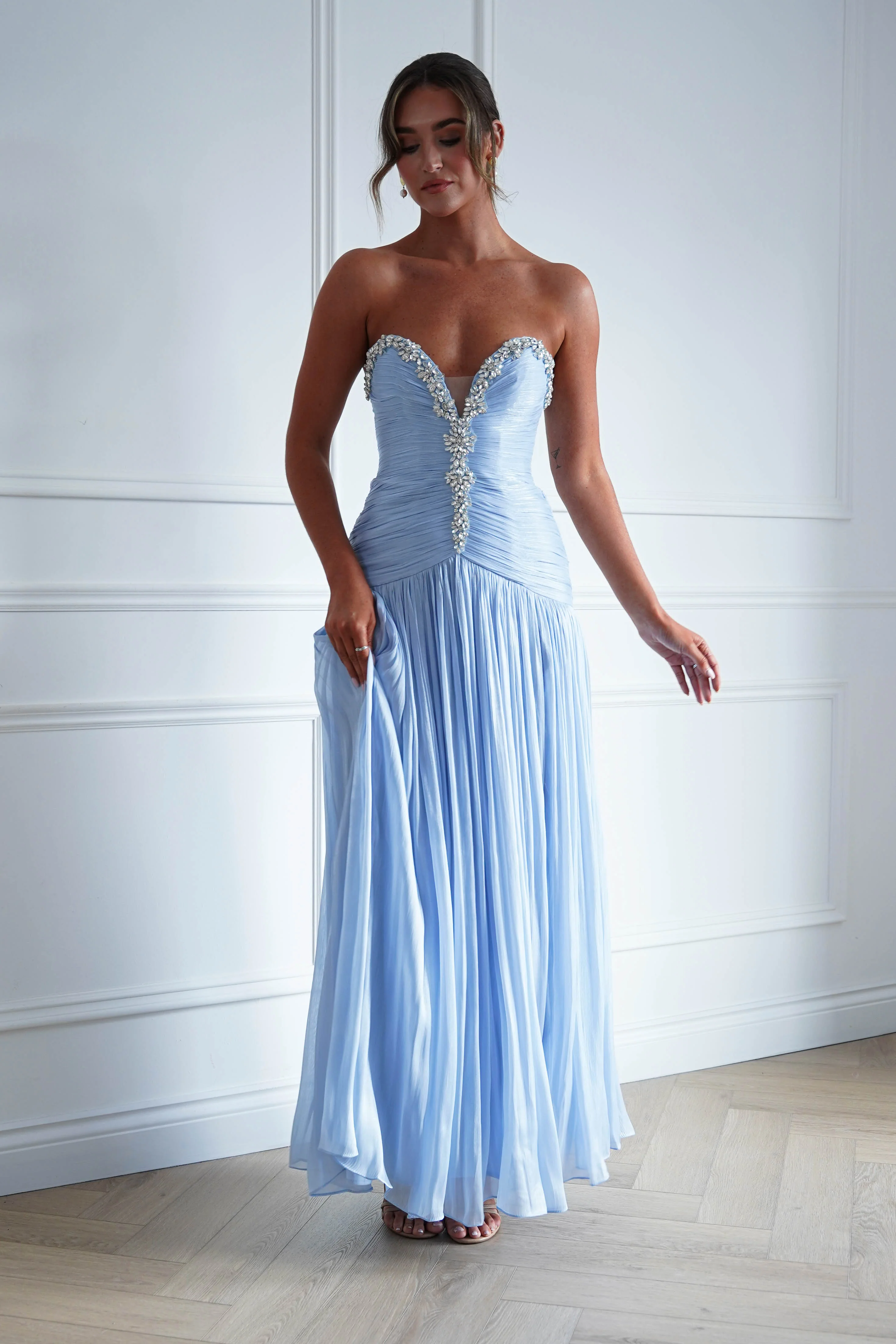 Estella Diamante Trim Ruched Maxi Gown | Blue